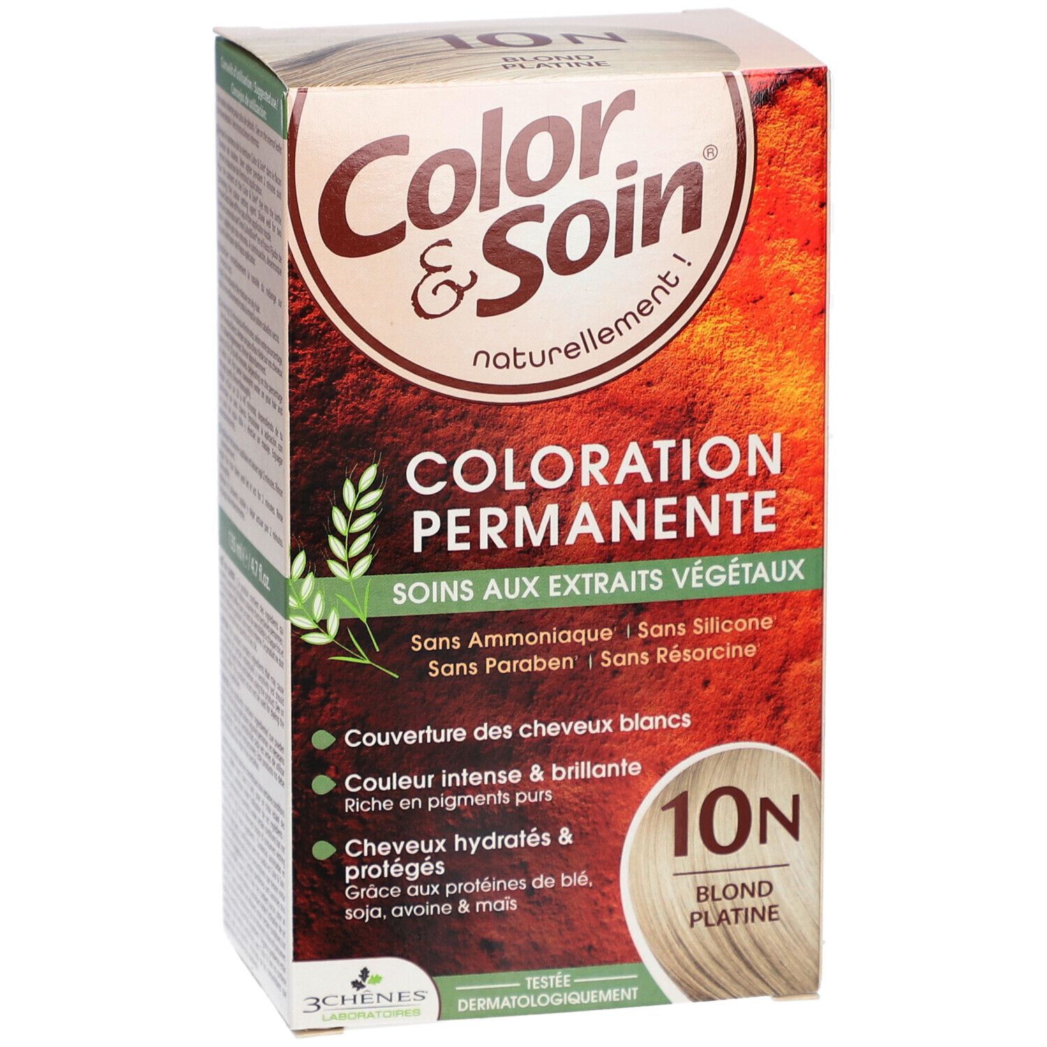 Haarfärbemittel-Box. Marke Color & Soin, Farbton 10N Platinblond. Coloration permanente aux extraits végétaux. Ohne Ammoniak, Resorcin, Parabene, Silikon.