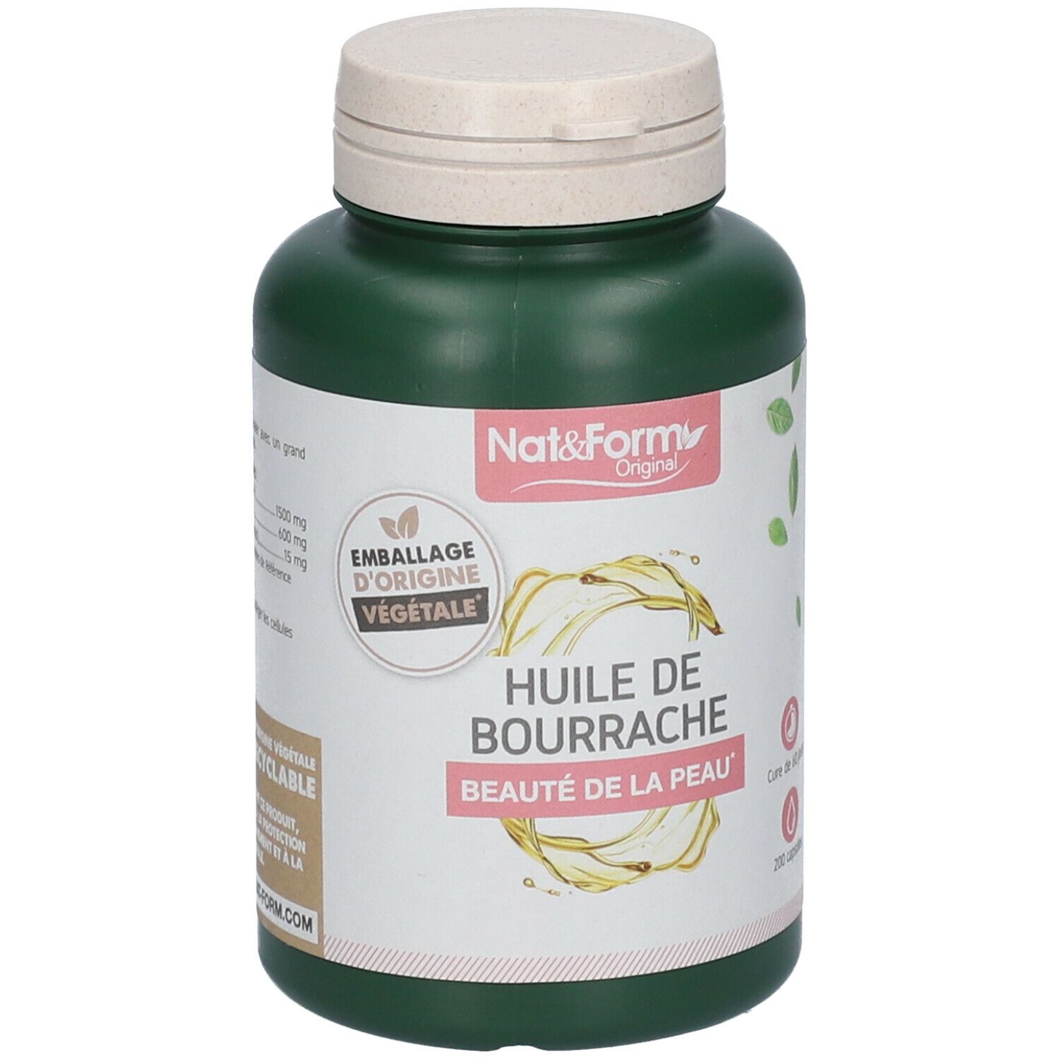 Flacon vert avec bouchon blanc. Inscription: Huile de Bourrache, Beauté de la peau. Logo: Emballage d'origine végétale.