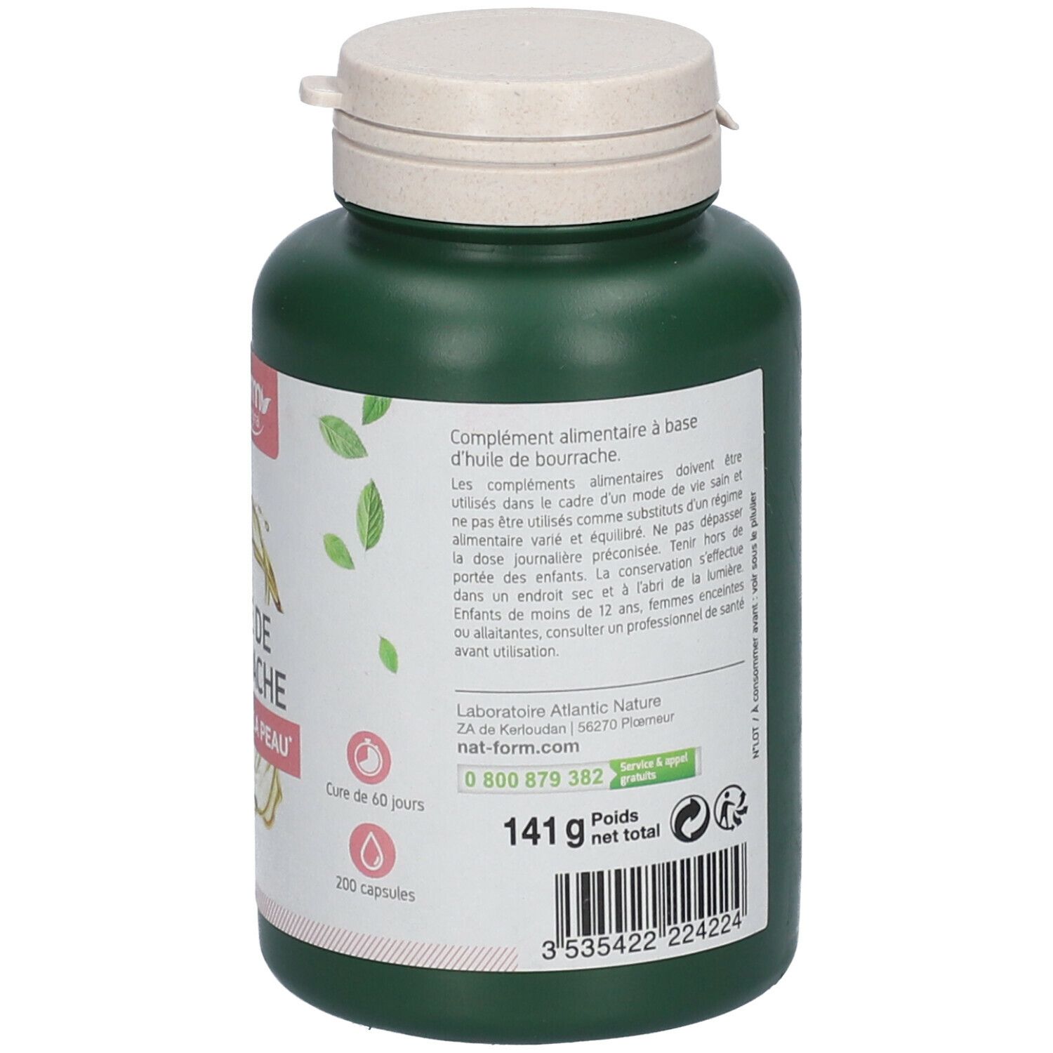 Dos du flacon vert. Texte: Complément alimentaire. Logo: Emballage d'origine végétale. 200 gélules, 141 g.