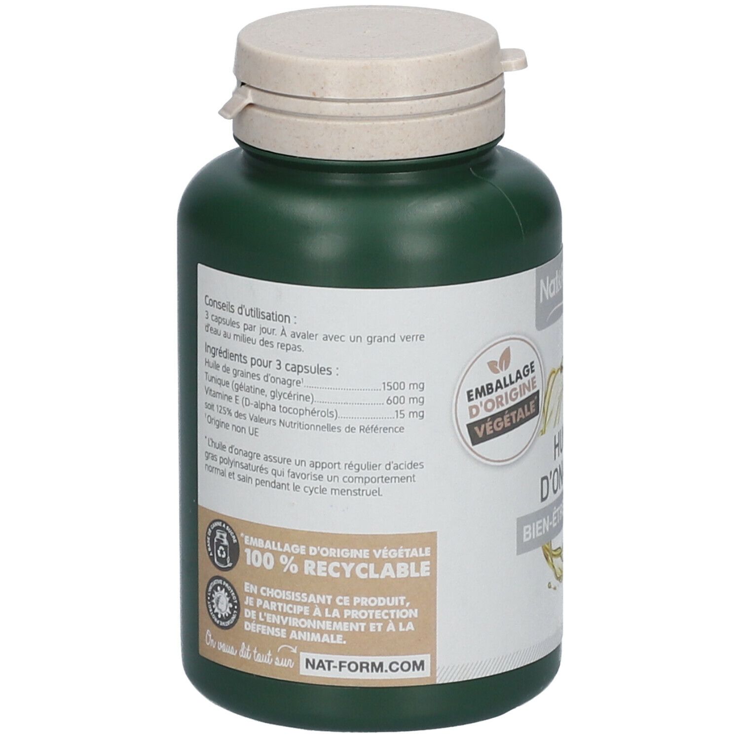 Dos d'un flacon vert avec capsules. Texte: ingrédients, mode d'emploi. Marque: Nat&Form. Emballage d'origine végétale.