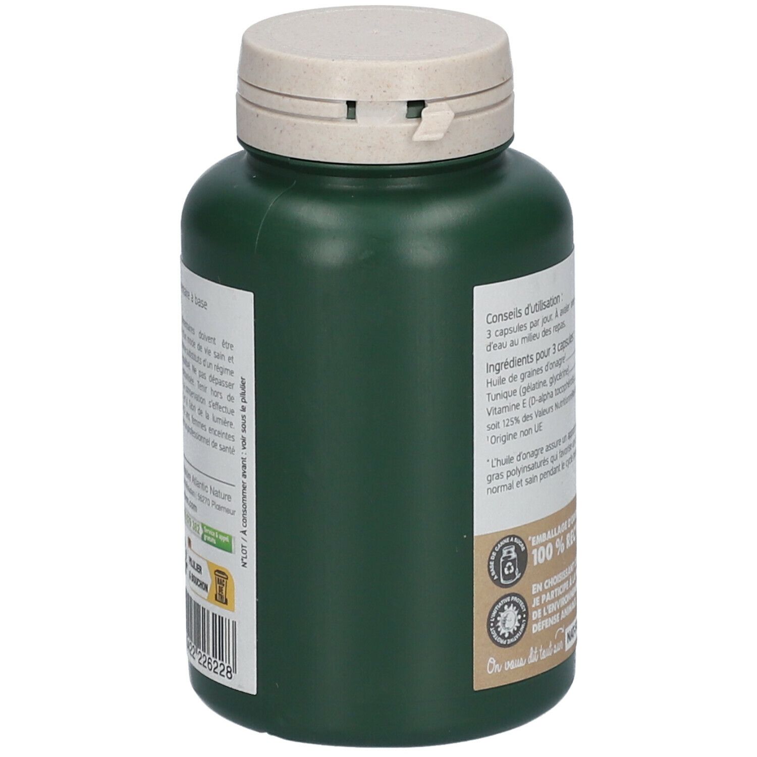 Vue latérale d'un flacon vert avec capsules. Texte et étiquettes. Marque: Nat&Form. Bouchon beige.