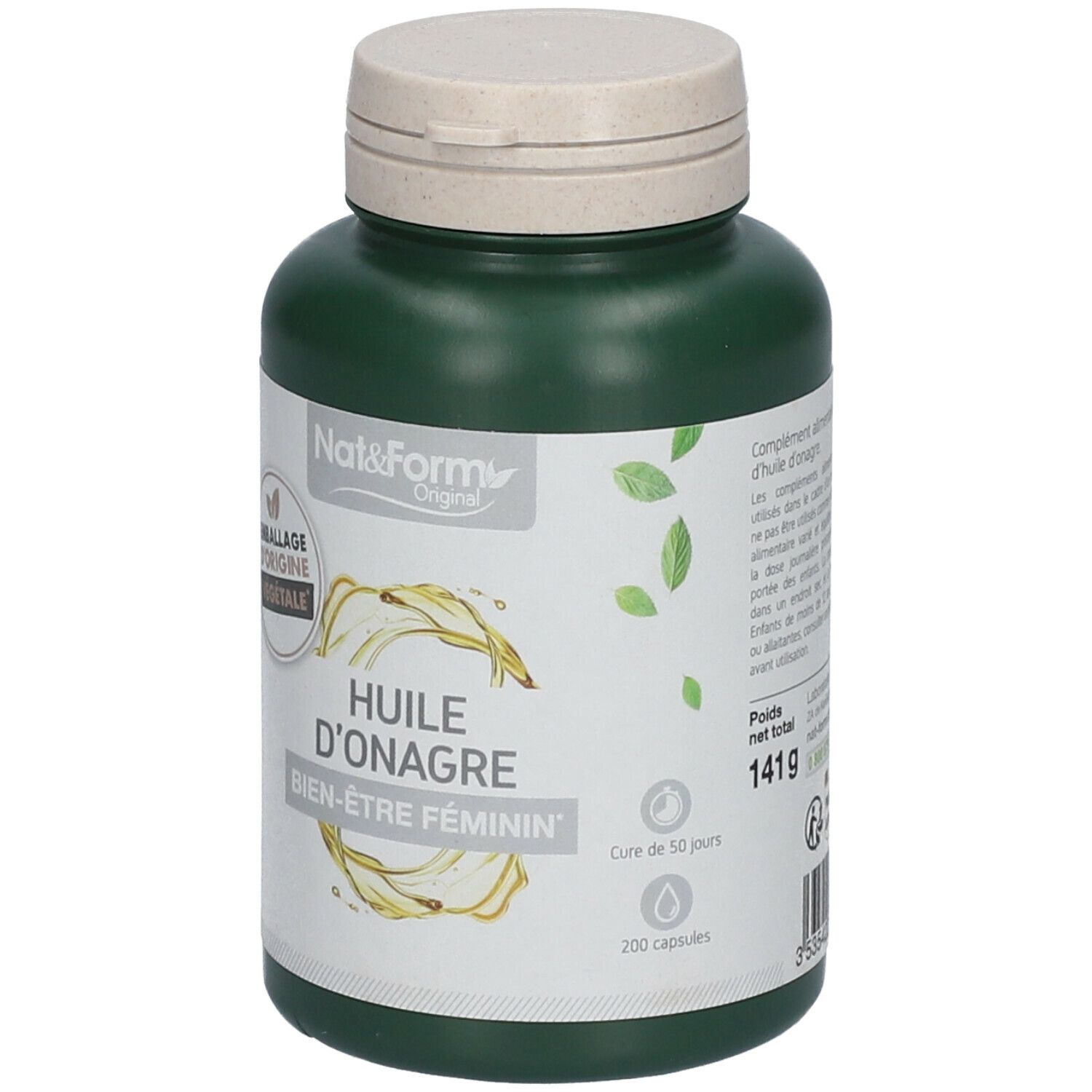 Flacon vert avec capsules. Inscription: Huile d'Onagre, Bien-être féminin. Marque: Nat&Form. Bouchon beige. 200 capsules.
