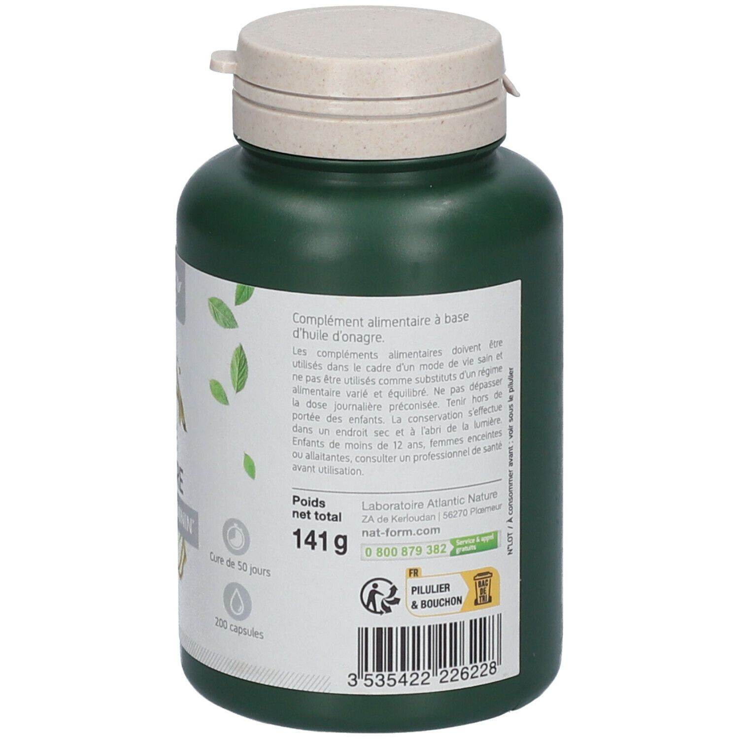 Dos d'un flacon vert avec capsules. Texte et étiquettes. Marque: Nat&Form. 200 capsules. Bouchon beige.