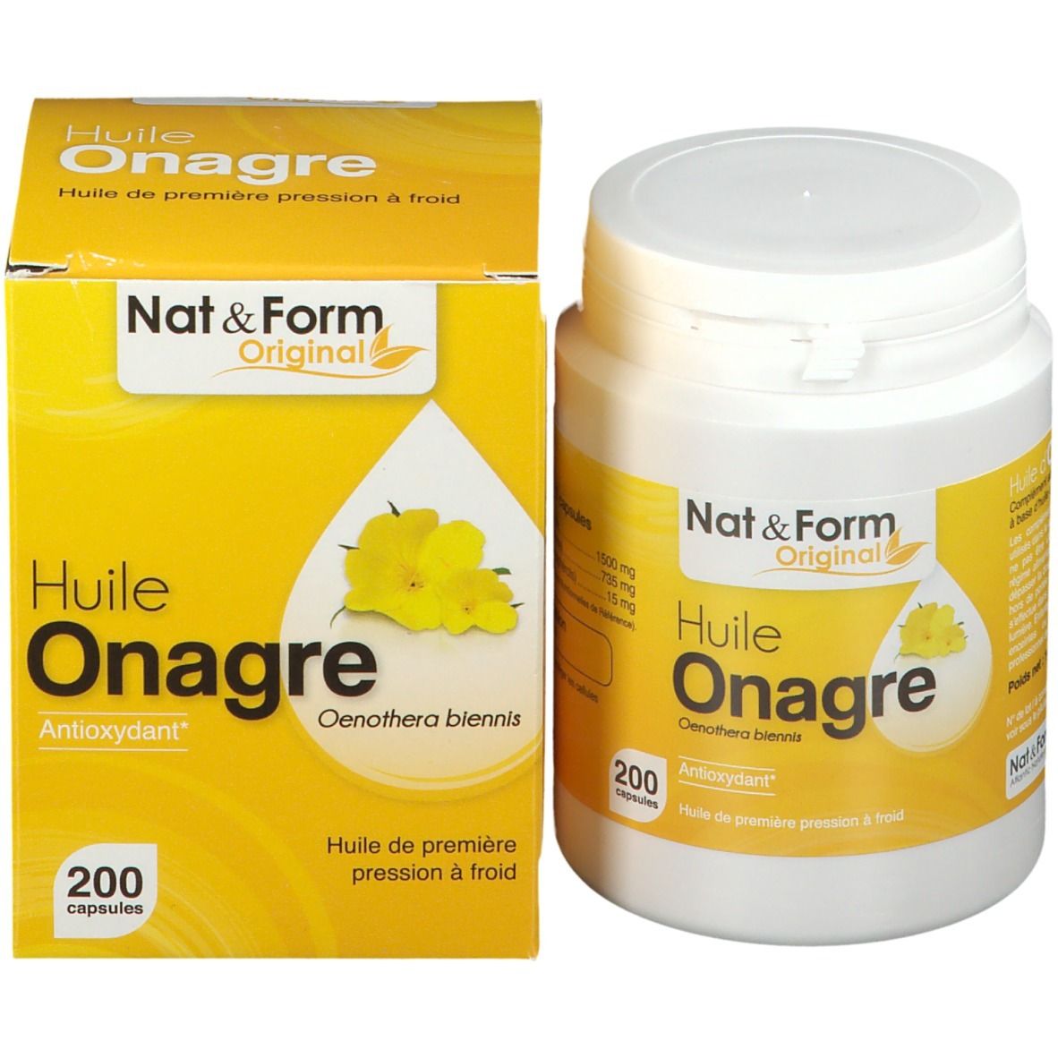 Emballage produit: boîte et flacon. Inscription: Huile Onagre, 200 capsules. Marque: Nat&Form. Fond jaune.