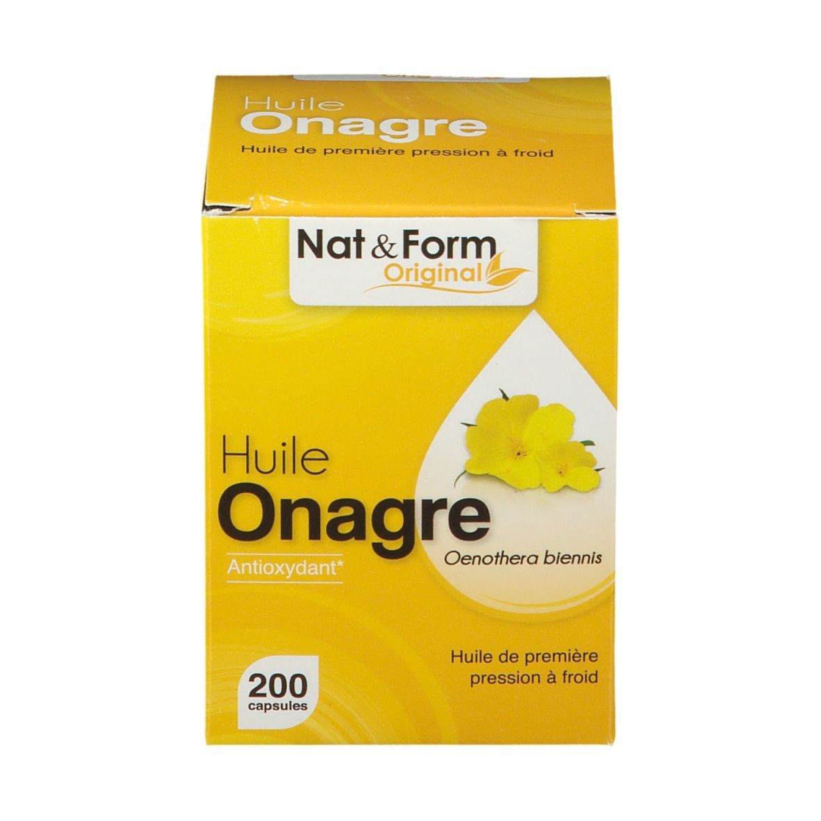 Emballage produit: boîte. Inscription: Huile Onagre, 200 capsules. Marque: Nat&Form. Fond jaune.