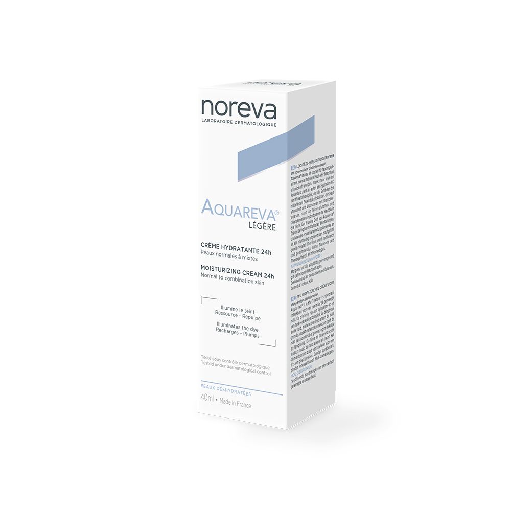 Emballage en carton avec impression du produit. Marque Noreva, nom du produit Aquareva Légère. Texte : Crème Hydratante 24H, Peaux normales à mixtes.