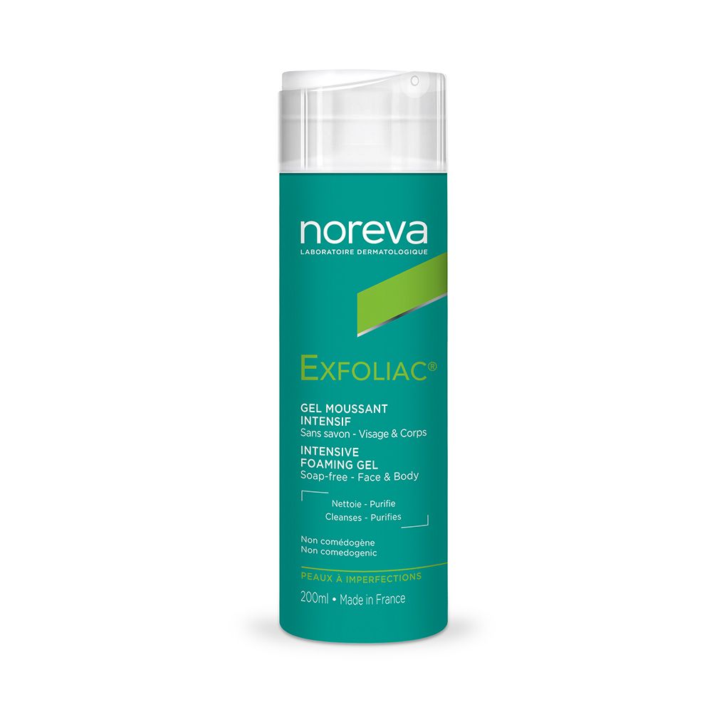 Flacon vert avec bouchon blanc. Inscription: Noreva Exfoliac Gel moussant intensif. Textes français et anglais.