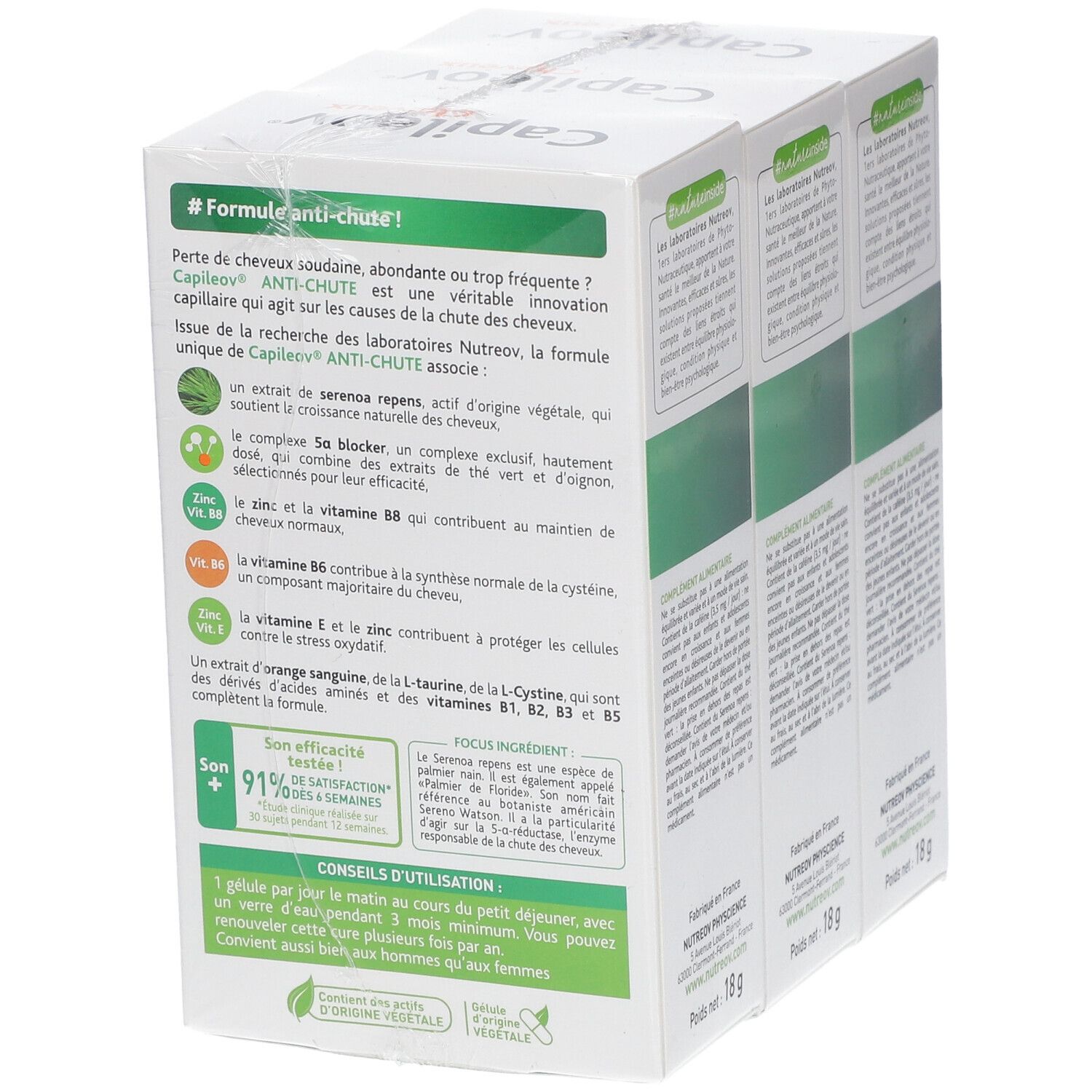 Rückseite von drei Capileov-Schachteln. Text: Anti-Haarausfall-Formel, Inhaltsstoffe, Anwendungshinweise, 18g.