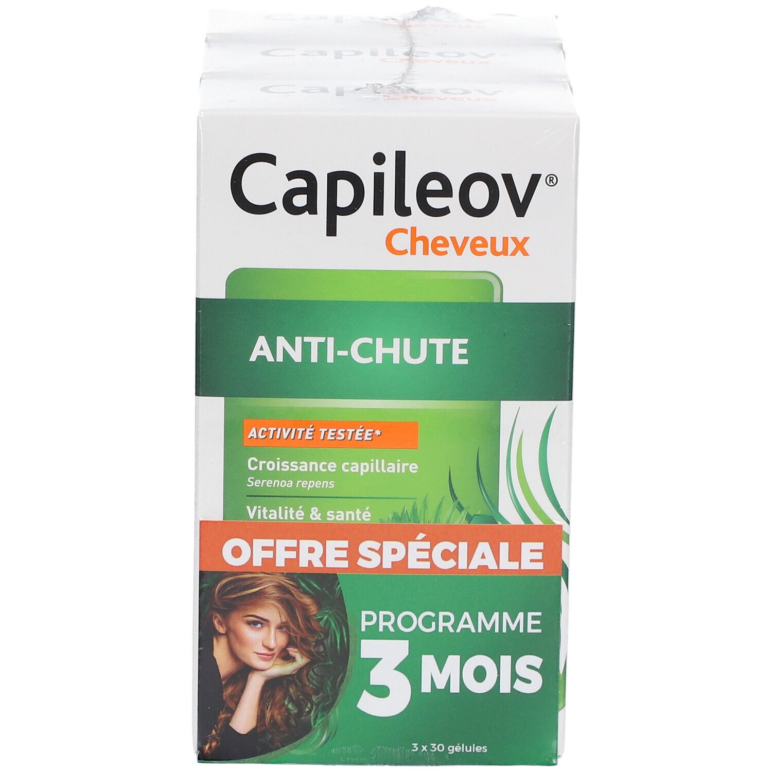 Capileov-Schachtel. Aufdrucke: Anti-Haarausfall, 3-Monats-Programm, 3x30 Kapseln. Frau mit langen Haaren.