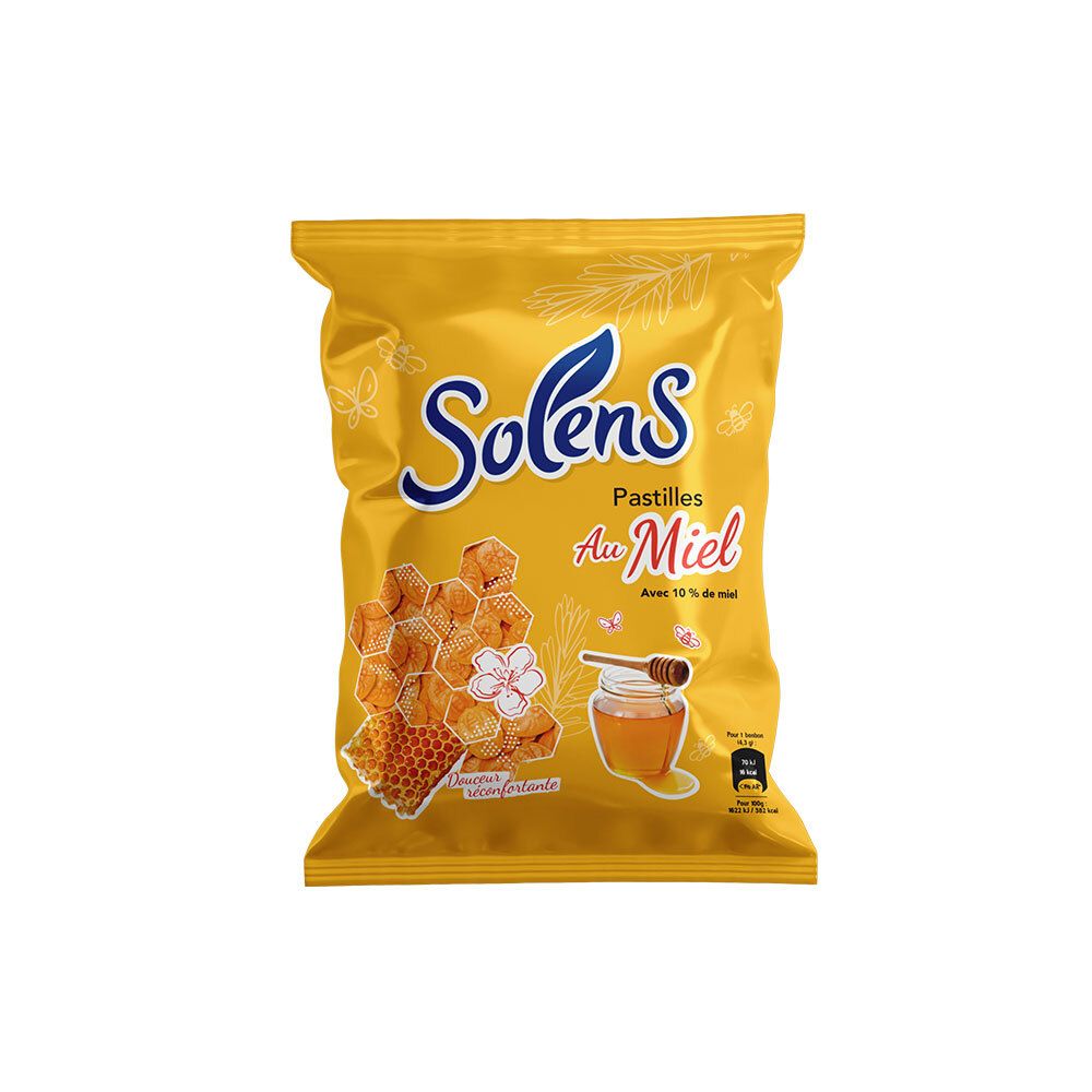 Sachet jaune Solens Pastilles Au Miel. Illustration d'un rayon de miel et d'un pot de miel.