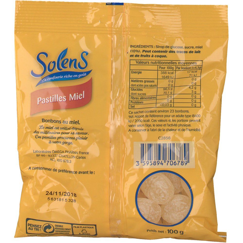 Dos du sachet Solens Pastilles Miel. Contient informations nutritionnelles et liste des ingrédients.