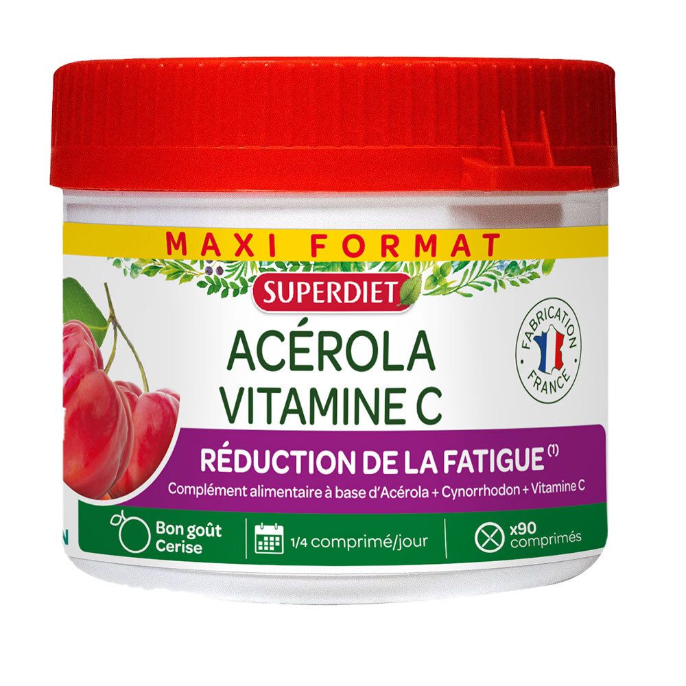 Pot blanc et couvercle rouge. Inscription: MAXI FORMAT, Super-Diät, Acerola Vitamine C. Illustration de cerises.