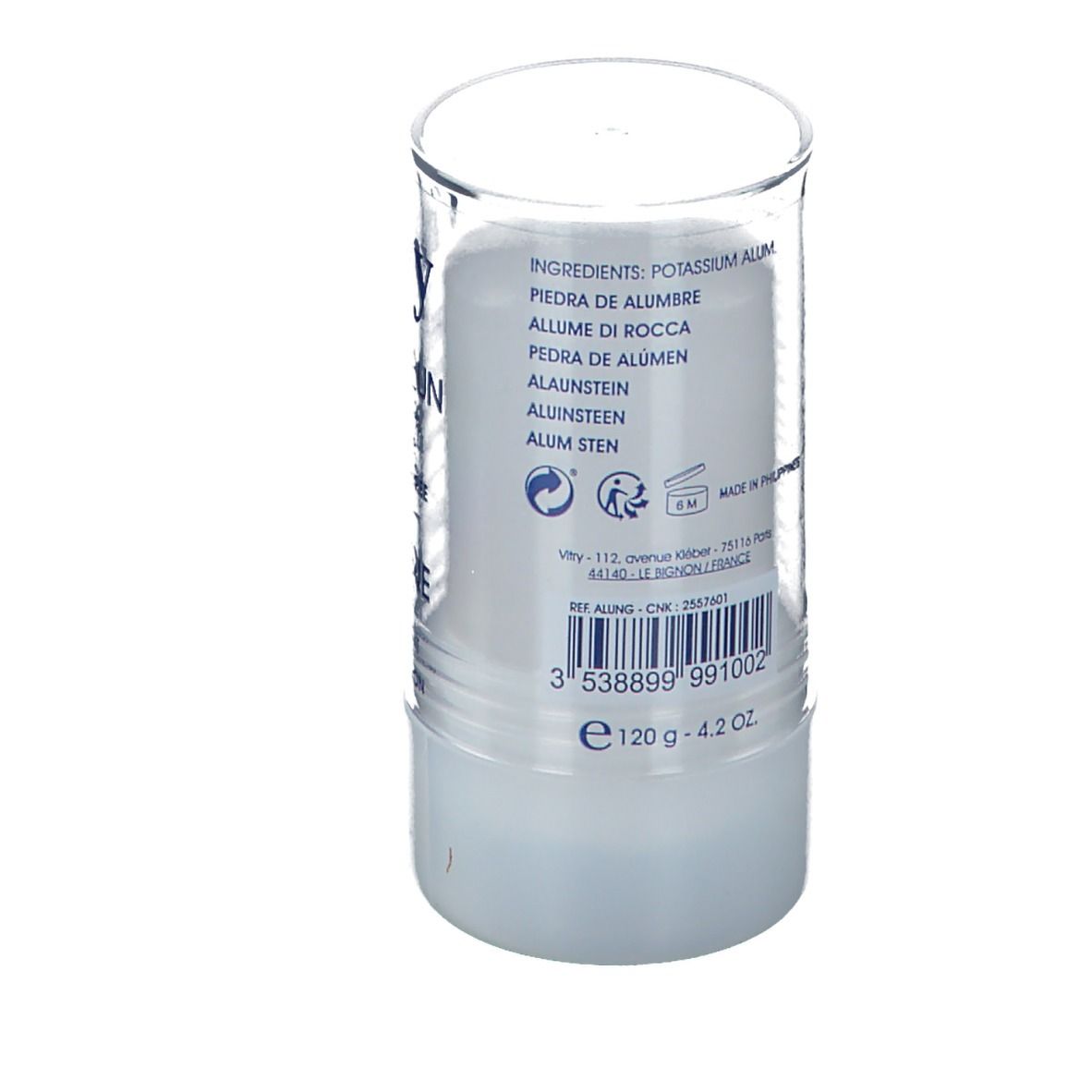 Rückseite des Deodorant-Sticks. Beschriftung: Inhaltsstoffe, Potassium Alum, Pedra de Alum, Alunsteen. Barcode und Gewichtsangabe.