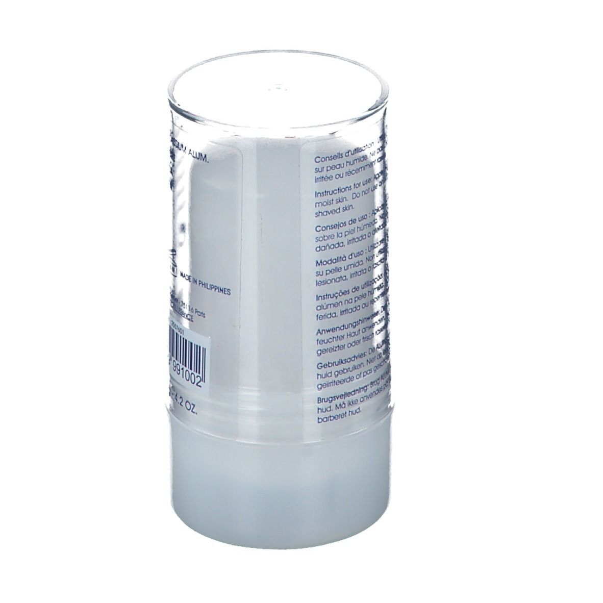 Deodorant-Stick mit transparentem Deckel. Text: Anwendungshinweise in mehreren Sprachen.
