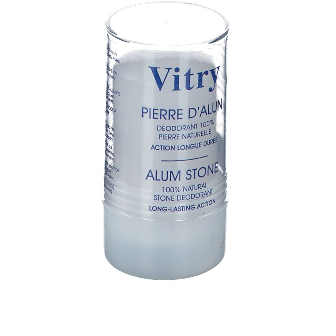 Deodorant-Stick mit transparentem Deckel. Beschriftung: Vitry, Pierre d'Alun, 100% natürliches Deodorant, Alum Stone.