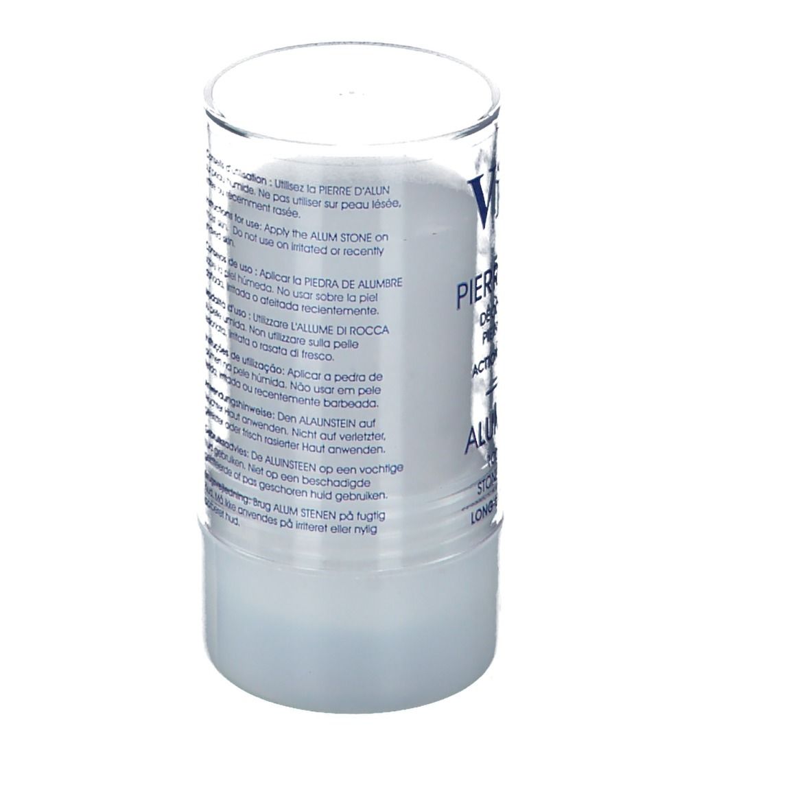 Deodorant-Stick mit transparentem Deckel. Text: Anwendungshinweise in mehreren Sprachen.