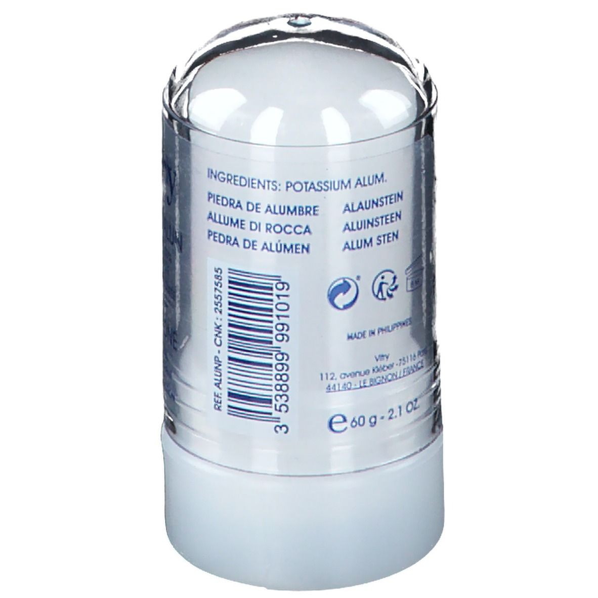 Deodorantstick met transparante deksel. Achterkant met ingrediënten en info. Bevat kaliumaluin. 60 g.