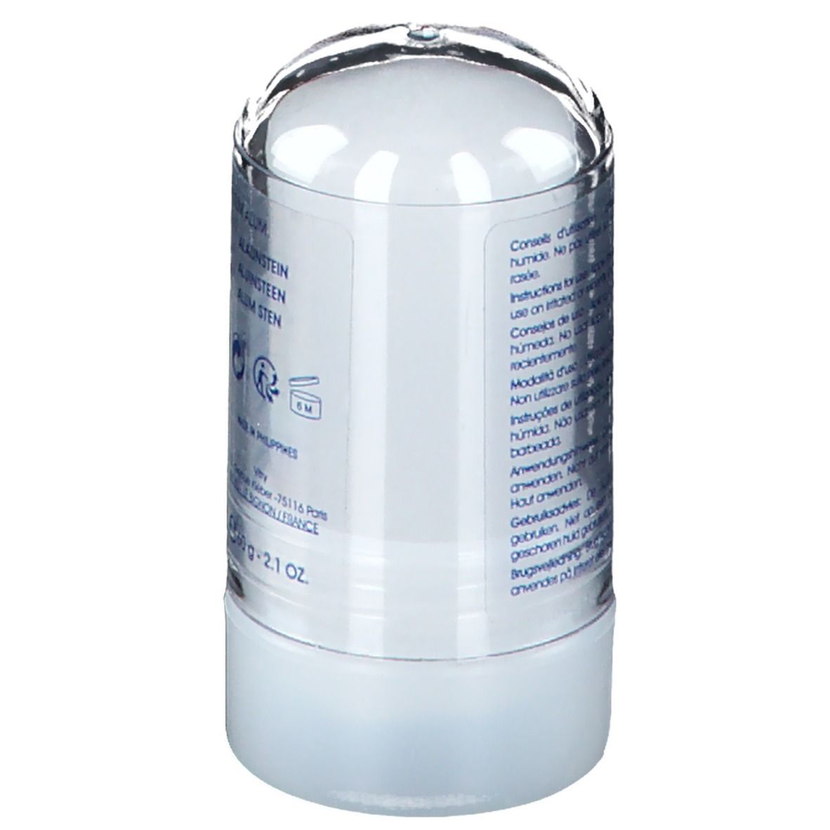 Deodorantstick met transparante deksel. Achterkant met gebruiksaanwijzing. 60 g. Gemaakt in de Filipijnen.