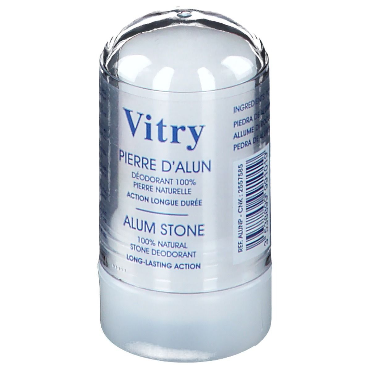 Deodorantstick met transparante deksel. Opschrift: Vitry, Pierre d'Alun, Alum Stone. 100% natuurlijke deodorant.