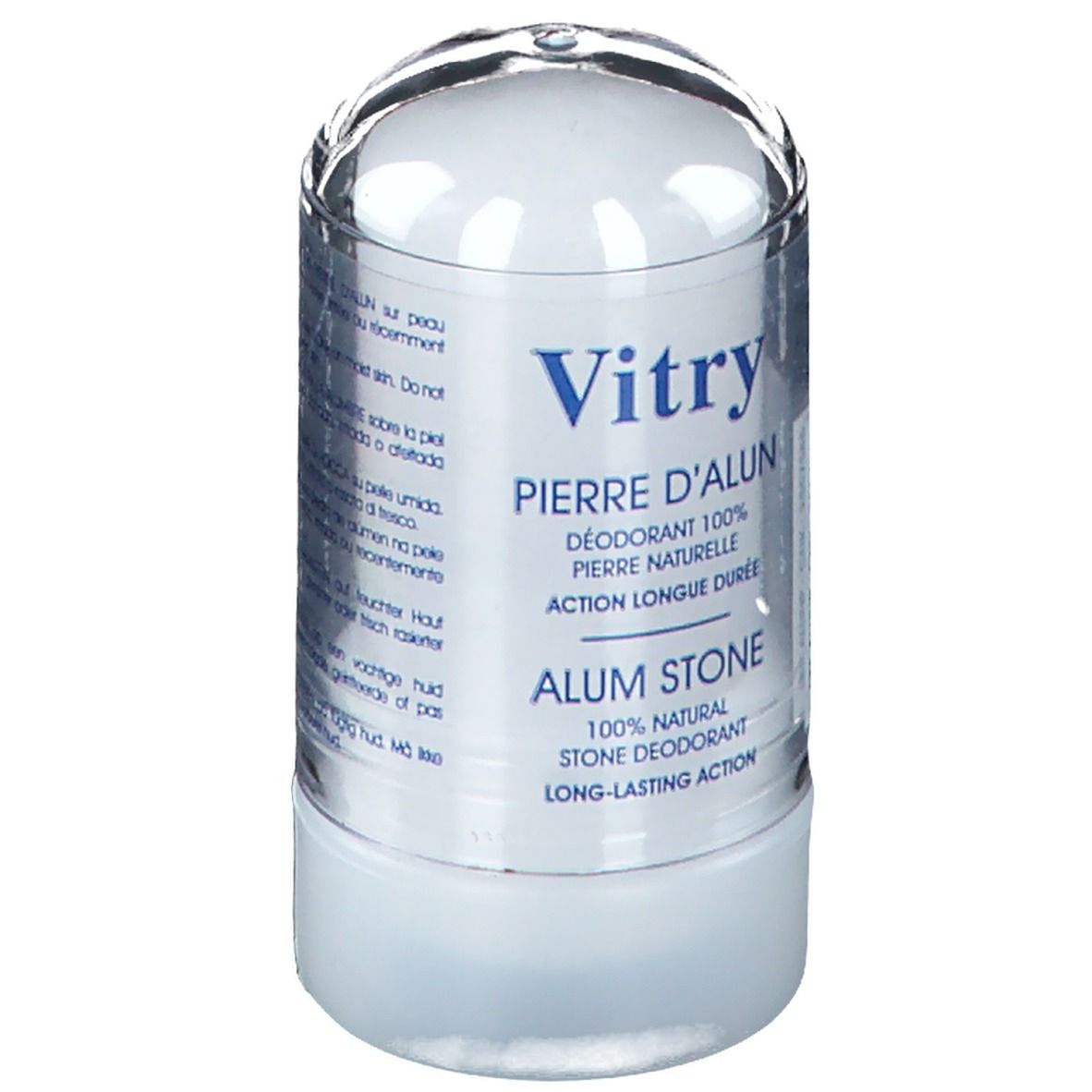 Deodorantstick met transparante deksel. Opschrift: Vitry, Pierre d'Alun, Alum Stone. 100% natuurlijke deodorant.