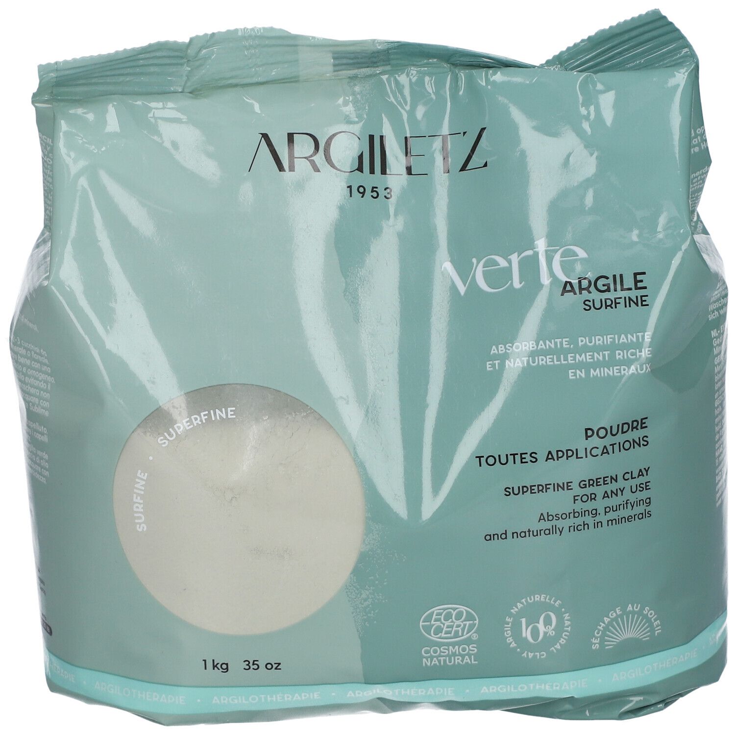 Emballage Argiletz Argile verte surfine. Sachet vert et blanc avec nom du produit et certifications.