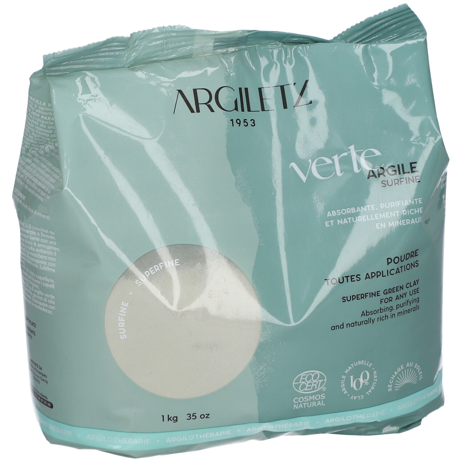 Emballage Argiletz Argile verte surfine. Sachet vert et blanc avec nom du produit et certifications.