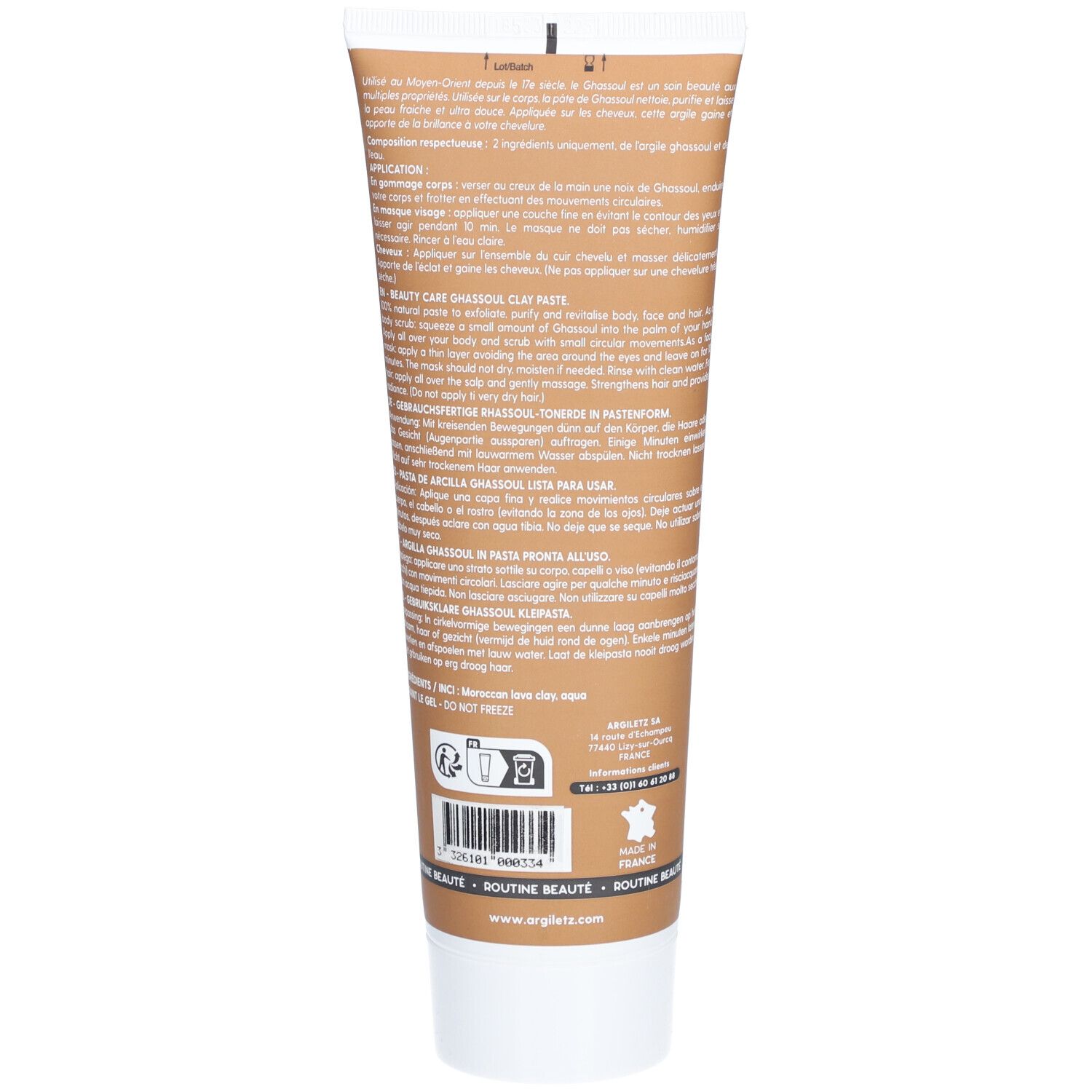 Dos d'un tube Argiletz Ghassoul. Texte et informations multilingues. Symboles de recyclage et informations de contact.