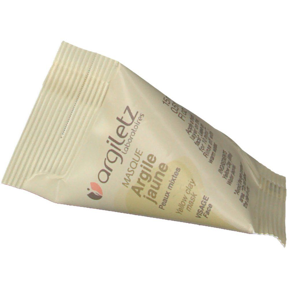 Sachet de masque Argile Jaune Argiletz®. Emballage beige, vue en diagonale. Texte : Masque Argile Jaune.