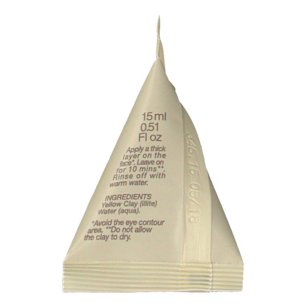 Sachet de masque Argiletz® Argile Jaune. Forme triangulaire, beige. Texte : 15ml, 0.51 Fl oz. Instructions et ingrédients.