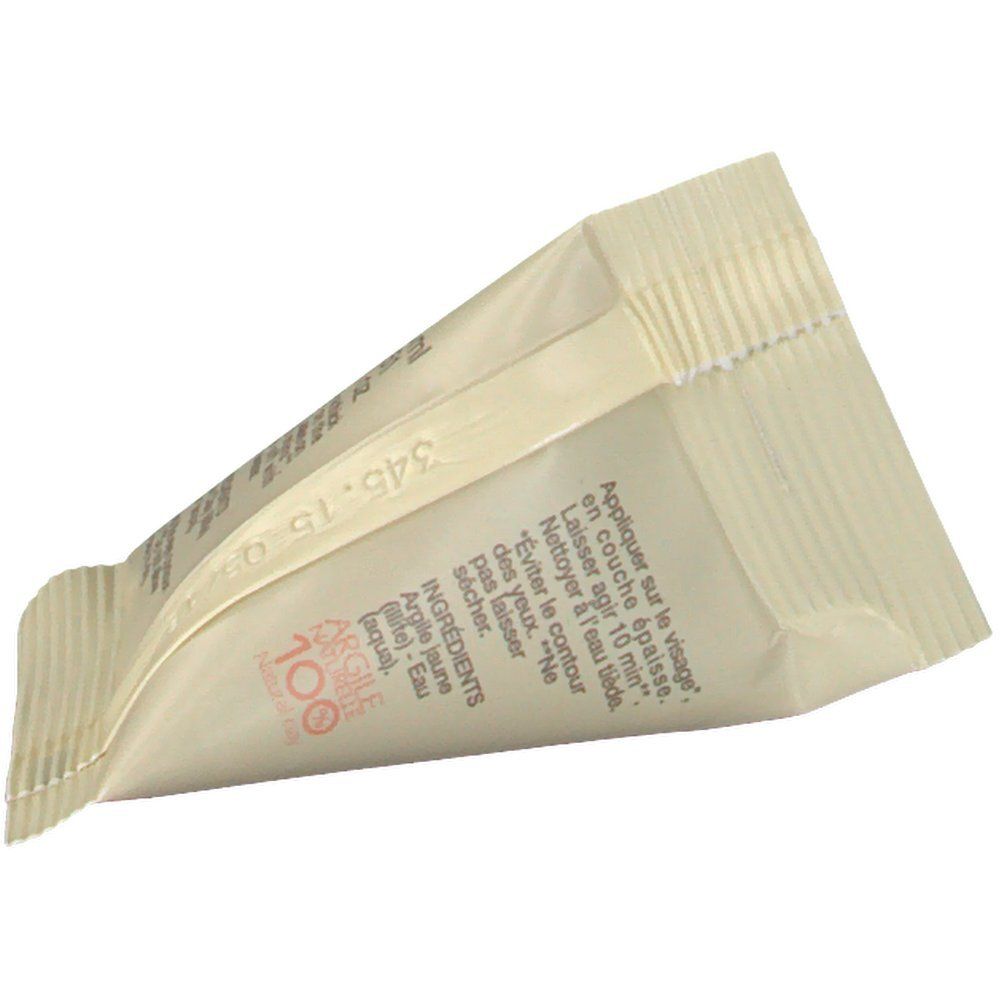 Sachet de masque Argiletz® Argile Jaune. Beige, vue en diagonale. Texte : Instructions, ingrédients, numéro de lot.