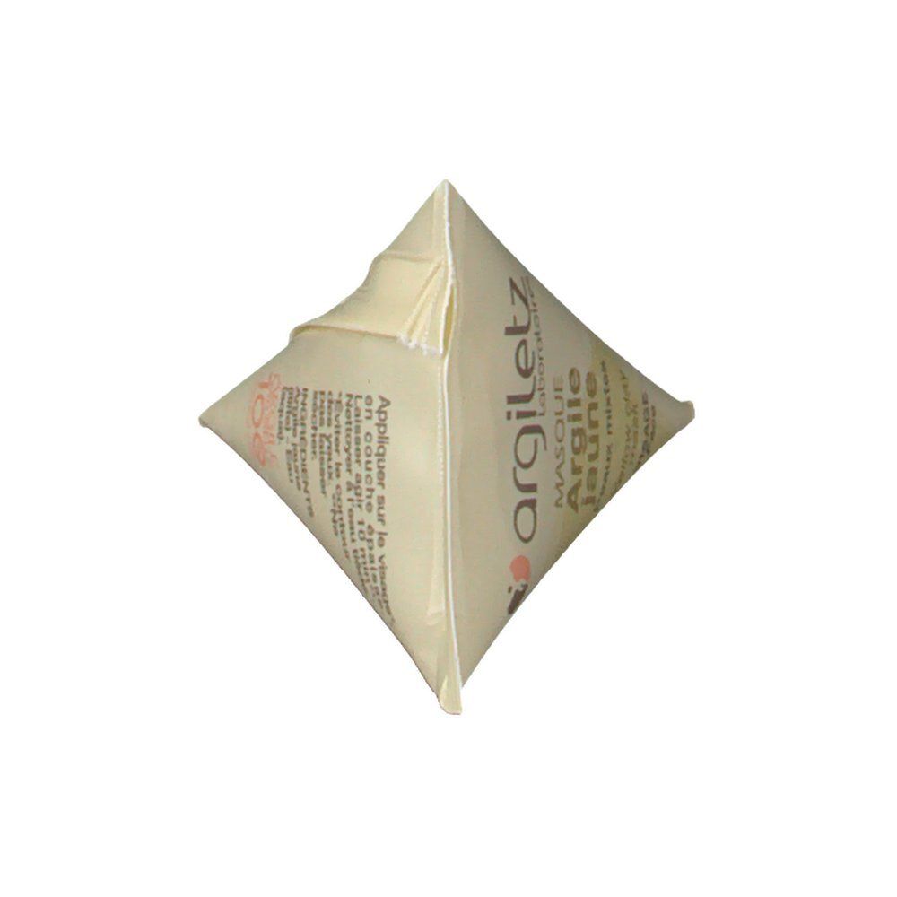 Sachet de masque Argiletz® Argile Jaune. Forme carrée, beige. Texte : Argiletz, Masque Argile Jaune, instructions.