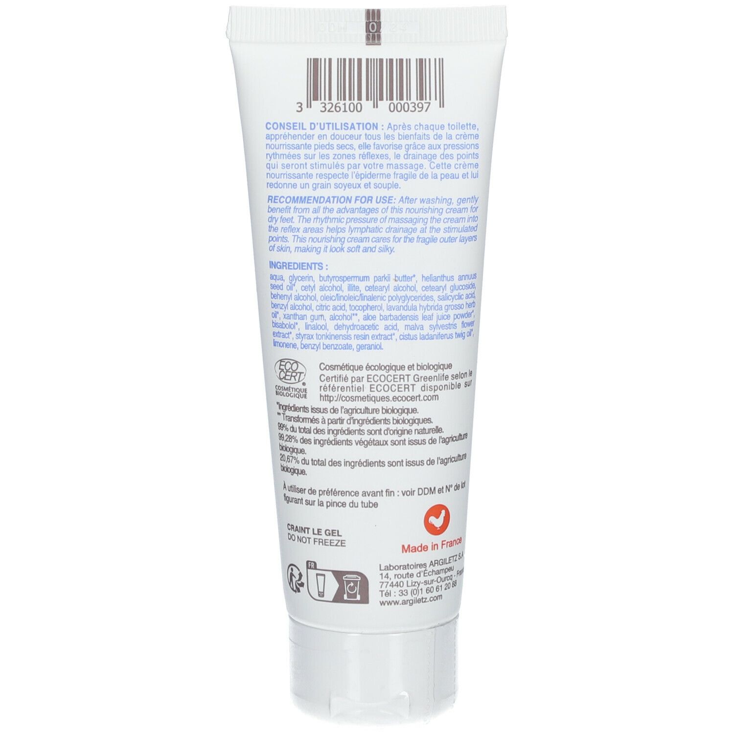 Achterkant van de tube. Tekst en barcode zichtbaar. ECO CERT-logo en "Made in France".