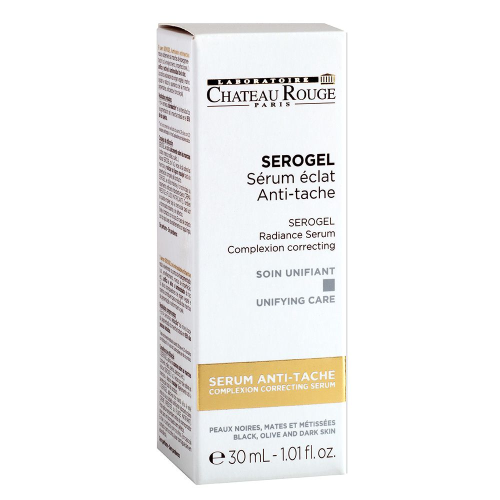 Emballage blanc avec inscriptions: Chateau Rouge, Sérum éclat Anti-taches. 30 ml.
