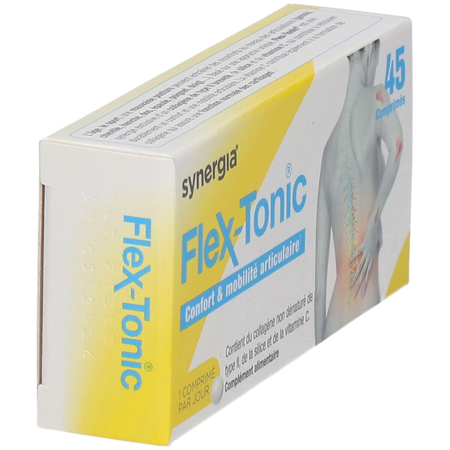 Boîte Synergia Flex-Tonic®. Inscription : "Flex-Tonic" et "Confort & mobilité articulaire".