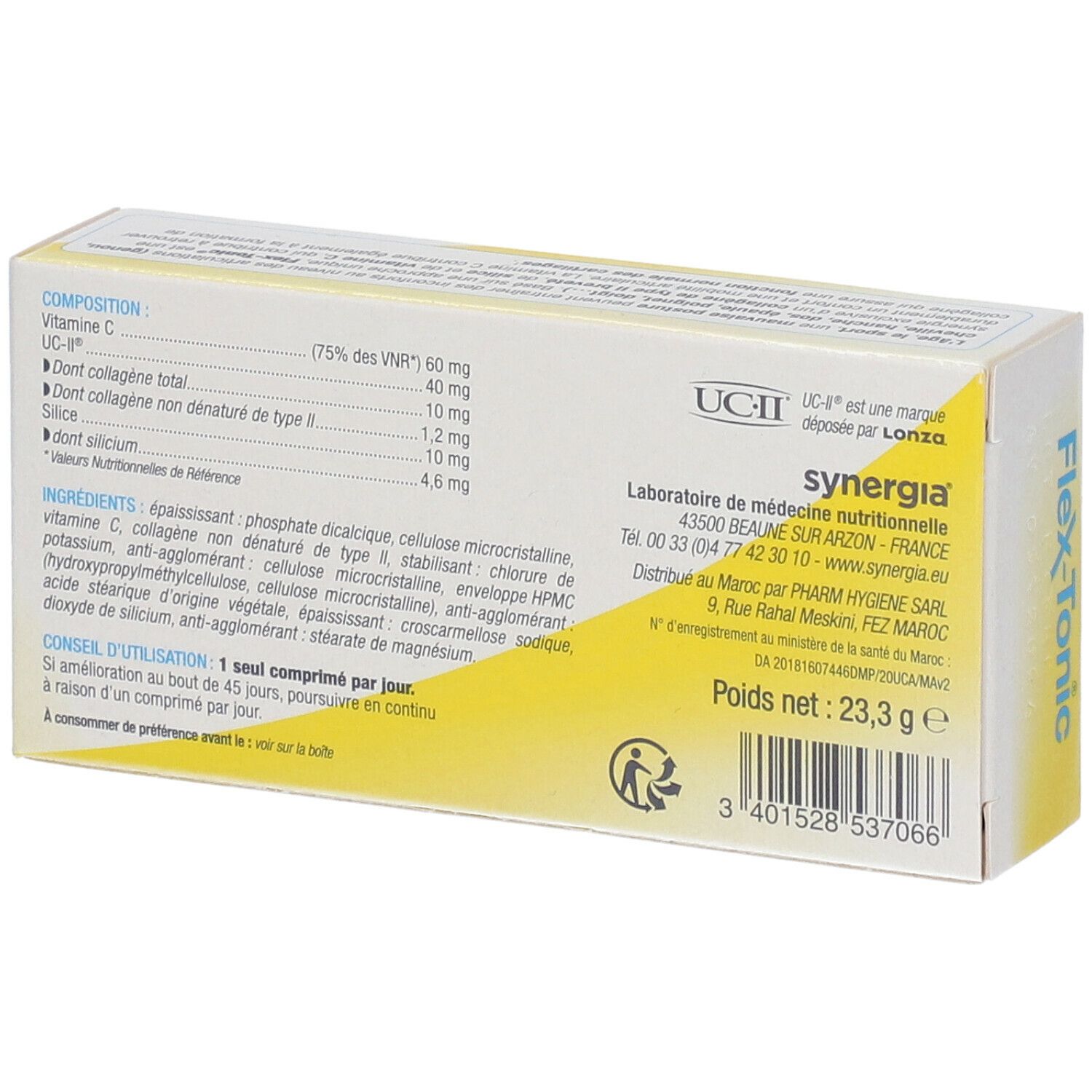 Dos de la boîte Synergia Flex-Tonic®. Contient des informations sur les ingrédients et le fabricant.