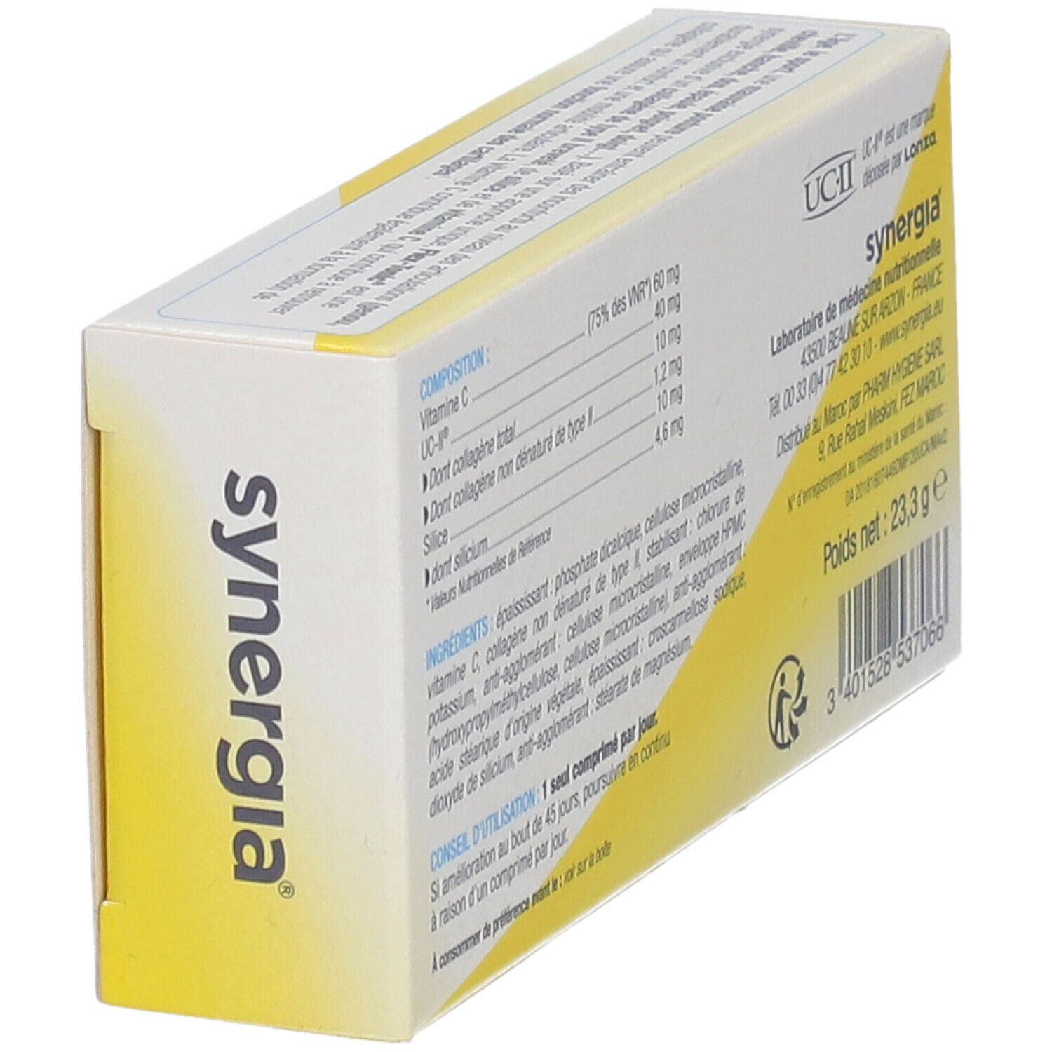 Dos de la boîte Synergia Flex-Tonic®. Informations sur les ingrédients et le fabricant.