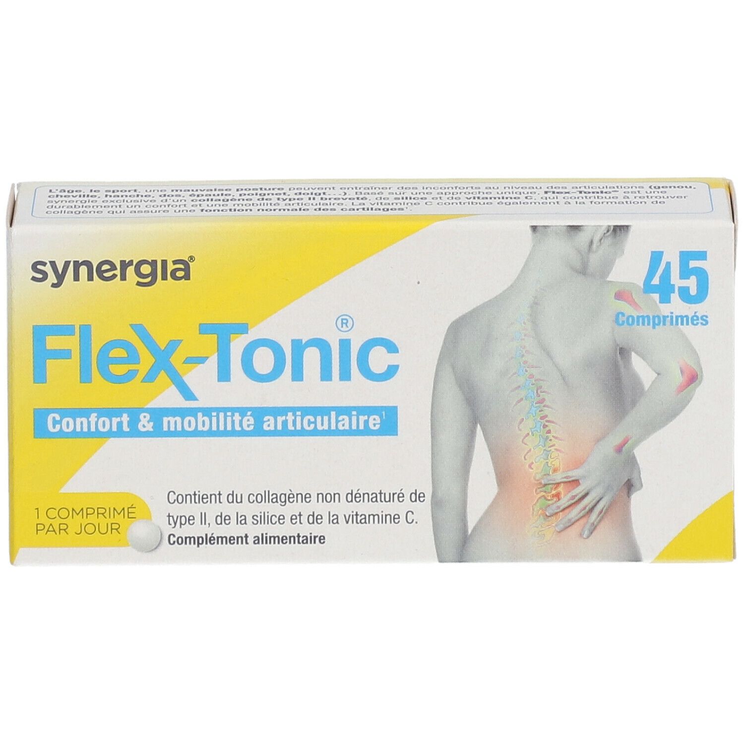 Boîte Synergia Flex-Tonic®. Contient 45 comprimés. Inscription : "Confort & mobilité articulaire".