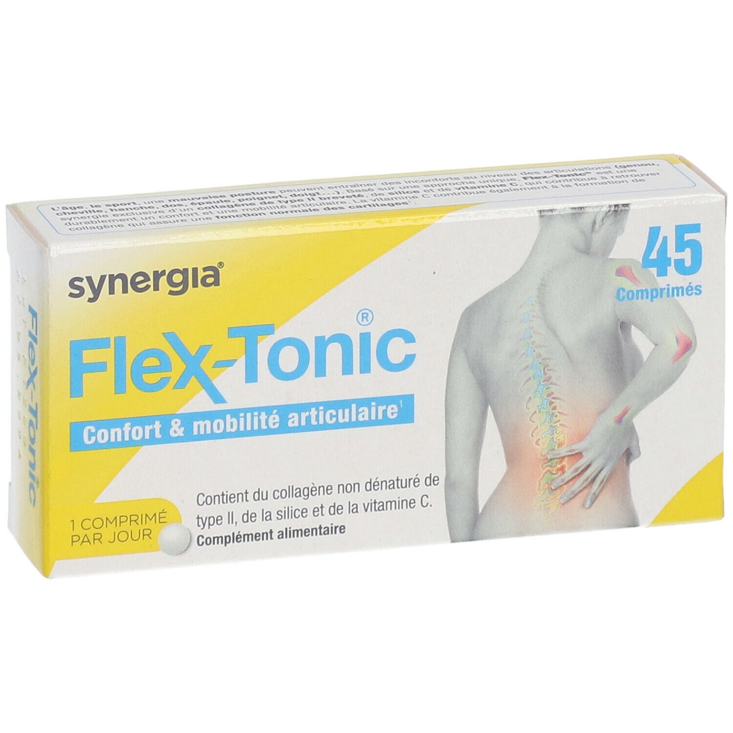 Boîte Synergia Flex-Tonic®. Contient 45 comprimés. Inscription : "Confort & mobilité articulaire".