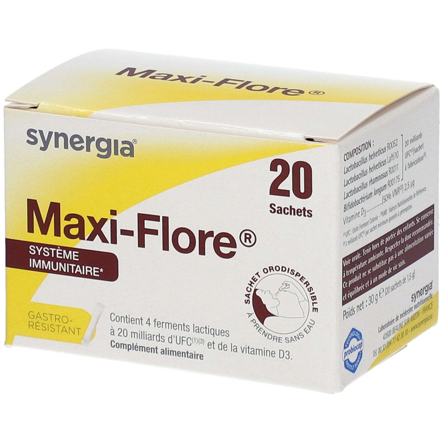 Karton von Maxi-Flore® mit 20 Sachets. Enthält 4 Milchsäurebakterien, 20 Milliarden KBE und Vitamin D3. Gastro-resistent.