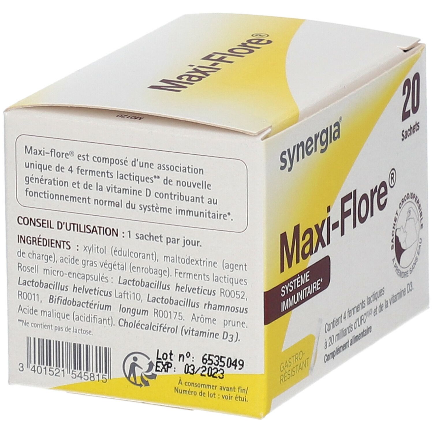 Karton von Maxi-Flore® mit 20 Sachets. Enthält 4 Milchsäurebakterien, 20 Milliarden KBE und Vitamin D3. Inhaltsstoffe und Verfallsdatum.