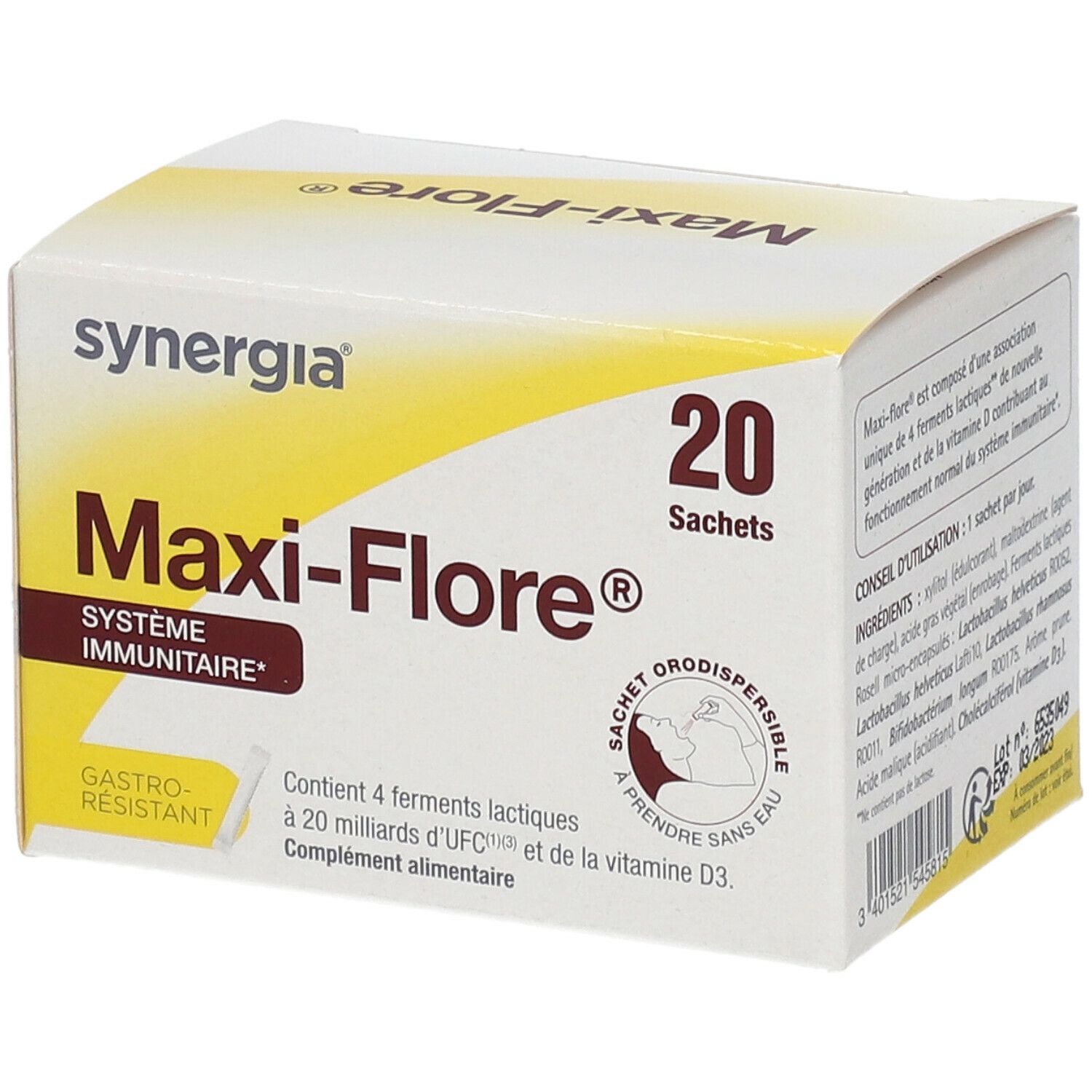 Karton von Maxi-Flore® mit 20 Sachets. Enthält 4 Milchsäurebakterien, 20 Milliarden KBE und Vitamin D3. Gastro-resistent.