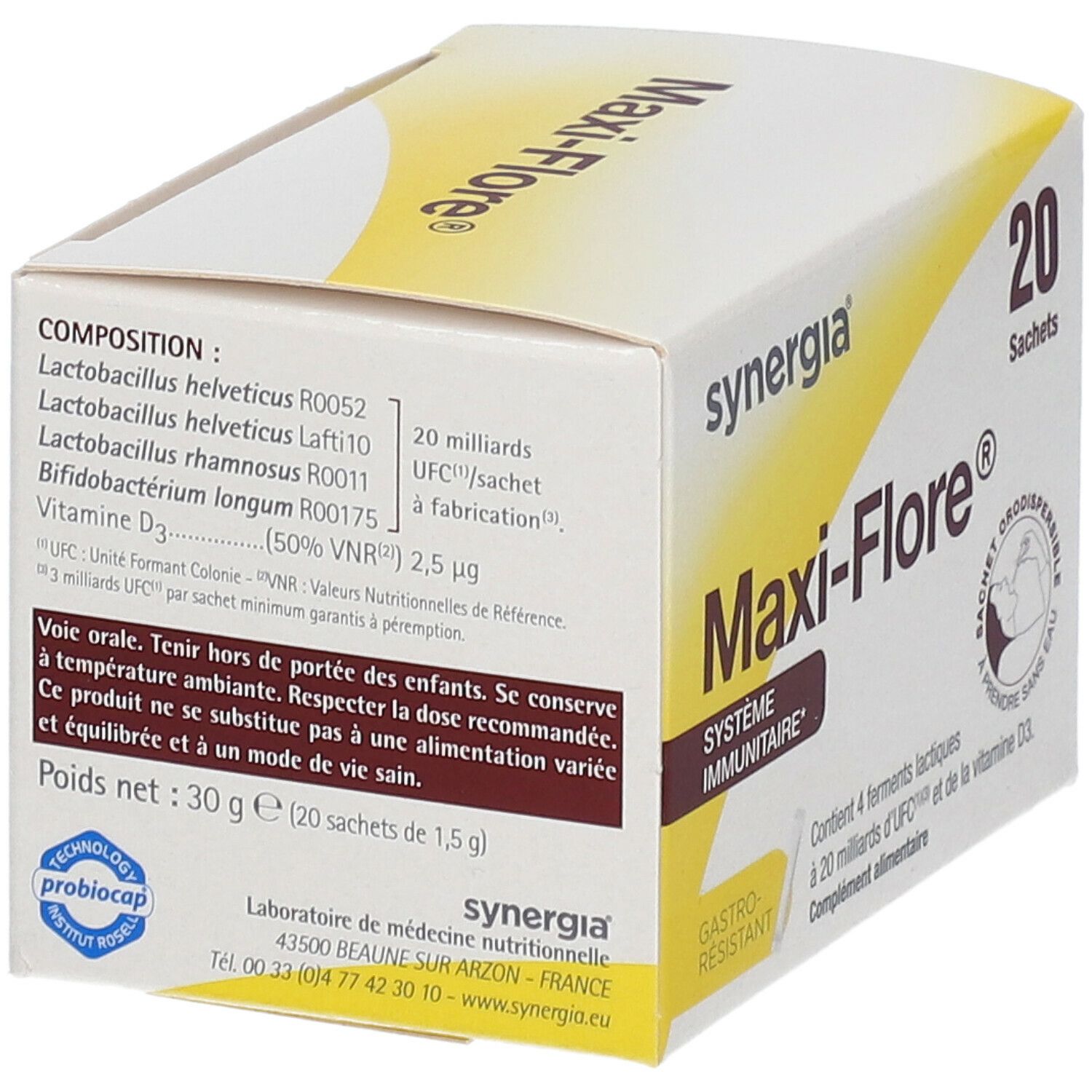 Karton von Maxi-Flore® mit 20 Sachets. Enthält 4 Milchsäurebakterien, 20 Milliarden KBE und Vitamin D3. Nährwertangaben.
