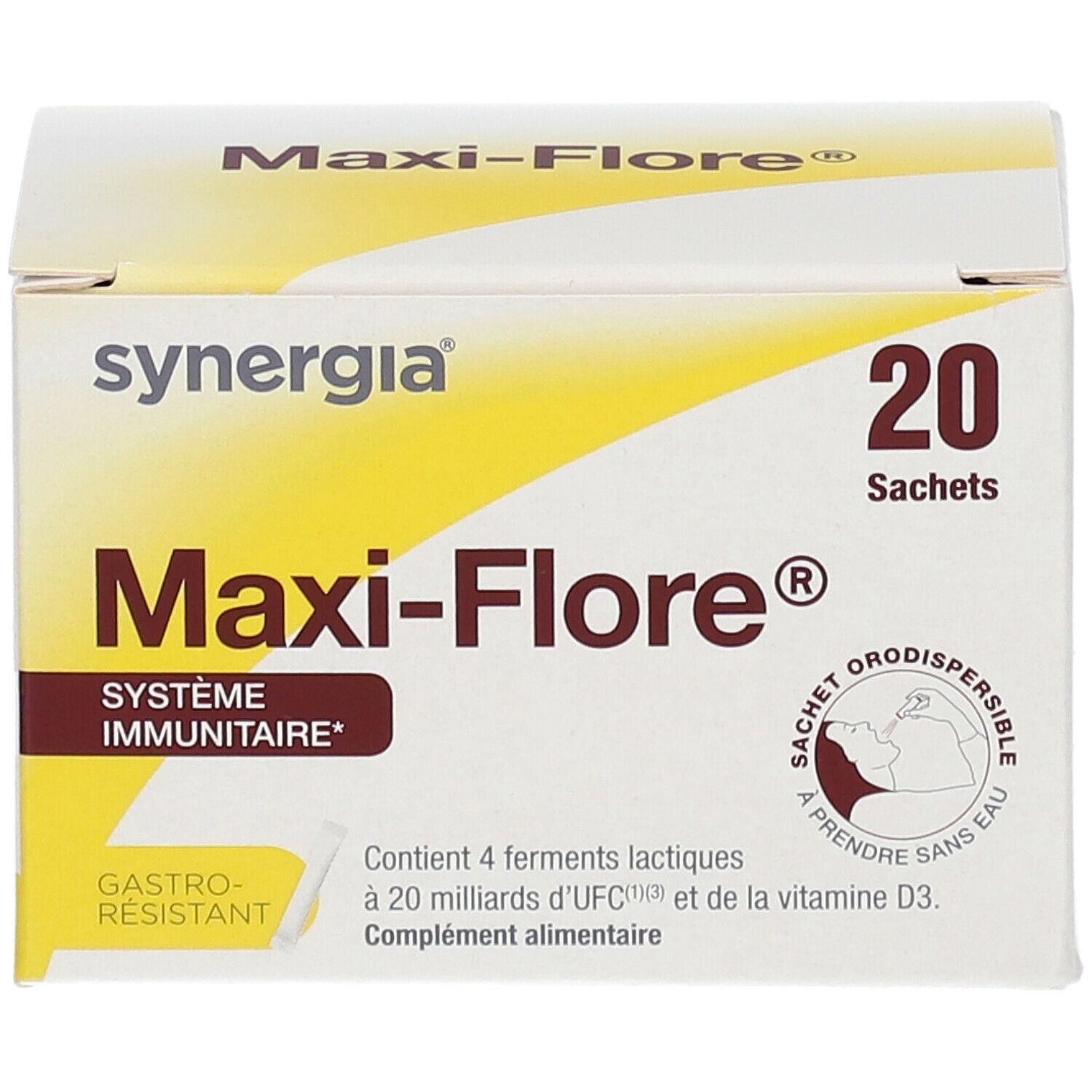 Karton von Maxi-Flore® mit 20 Sachets. Enthält 4 Milchsäurebakterien, 20 Milliarden KBE und Vitamin D3. Gastro-resistent.