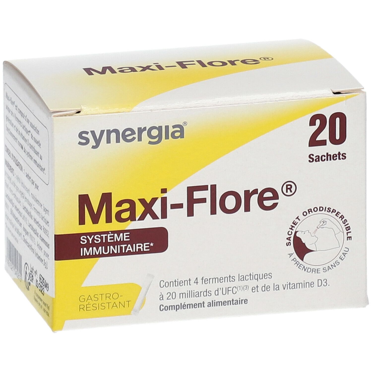 Karton von Maxi-Flore® mit 20 Sachets. Enthält 4 Milchsäurebakterien, 20 Milliarden KBE und Vitamin D3. Gastro-resistent.