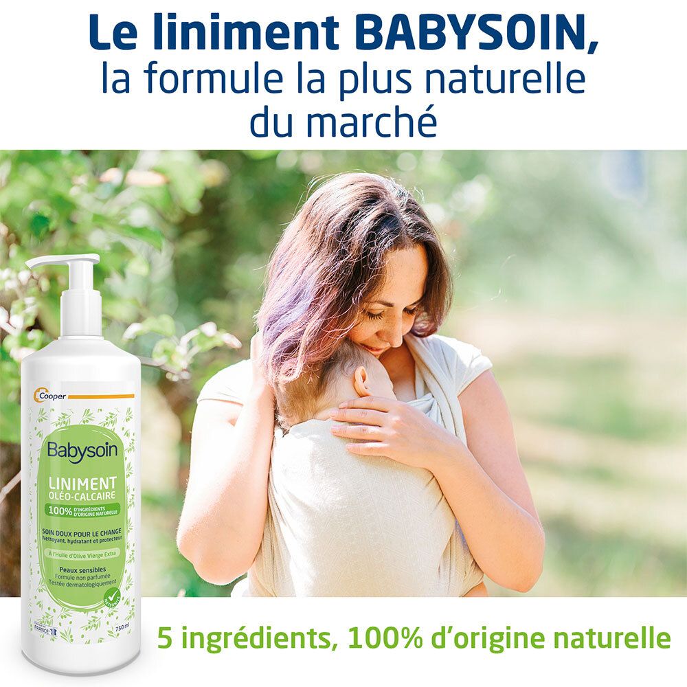 Femme tenant un bébé. En arrière-plan: Babysoin Liniment Oléo-Calcaire. Texte: La formule la plus naturelle du marché.