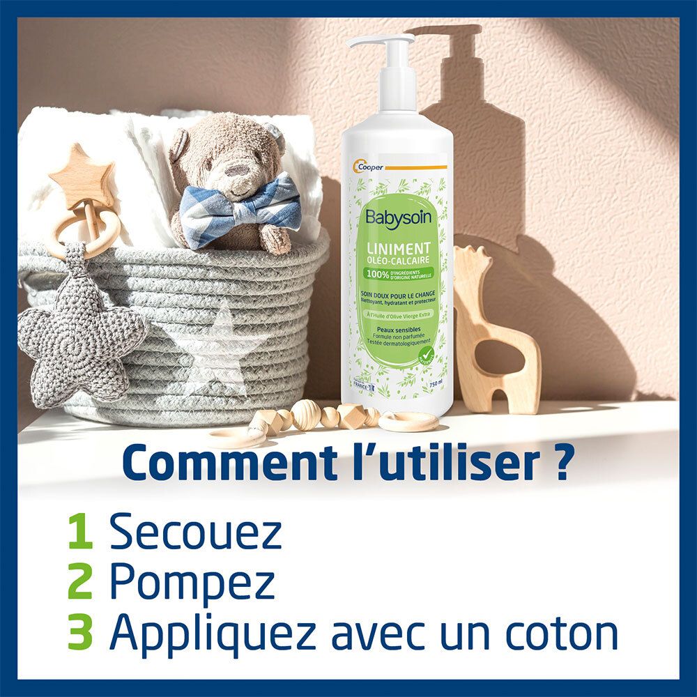 Instructions: 1. Secouer. 2. Pomper. 3. Appliquer avec un coton. Babysoin Liniment Oléo-Calcaire.