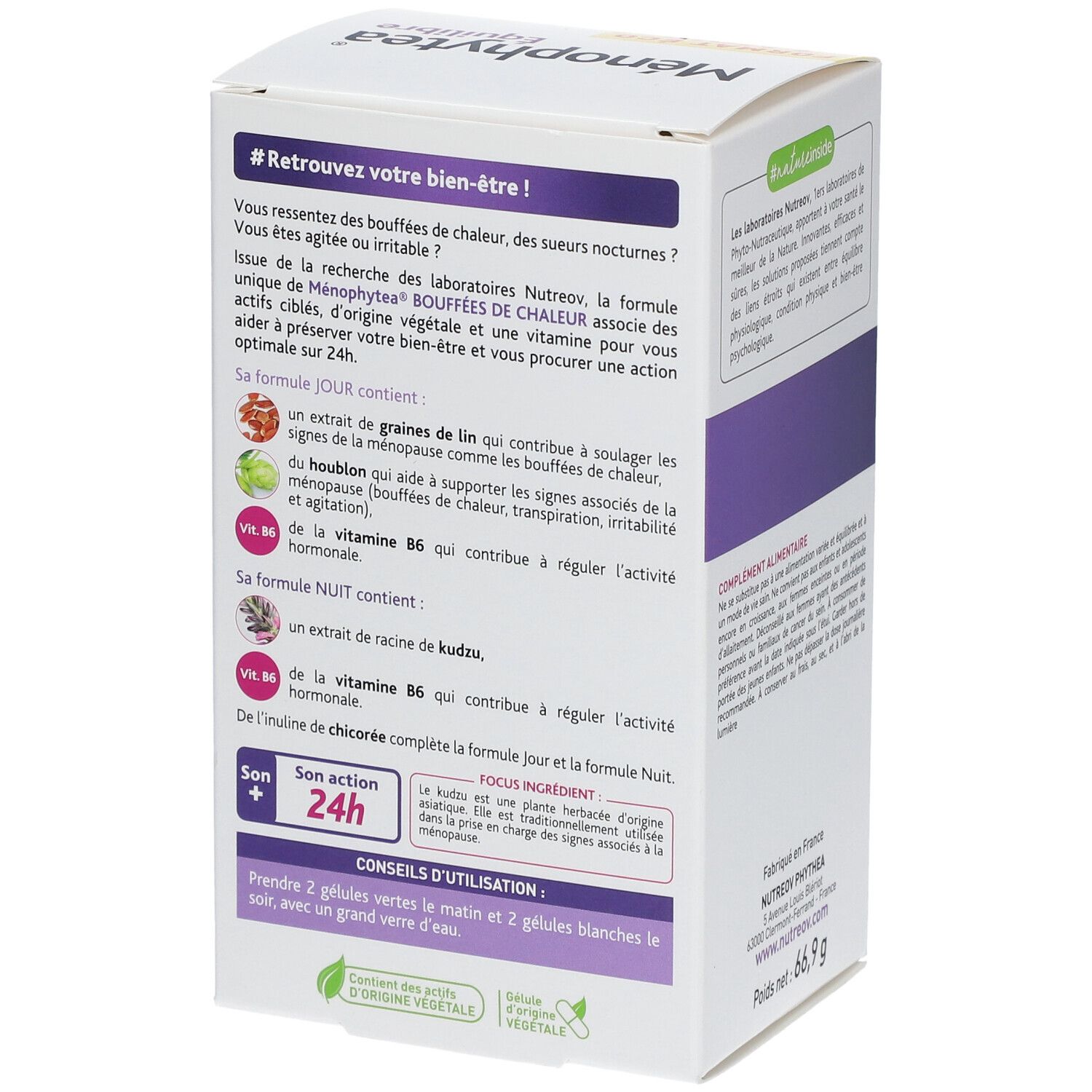 Dos de la boîte Menophytea Équilibre. Texte: #Retrouvez votre bien-être! Informations sur l'utilisation et les ingrédients.