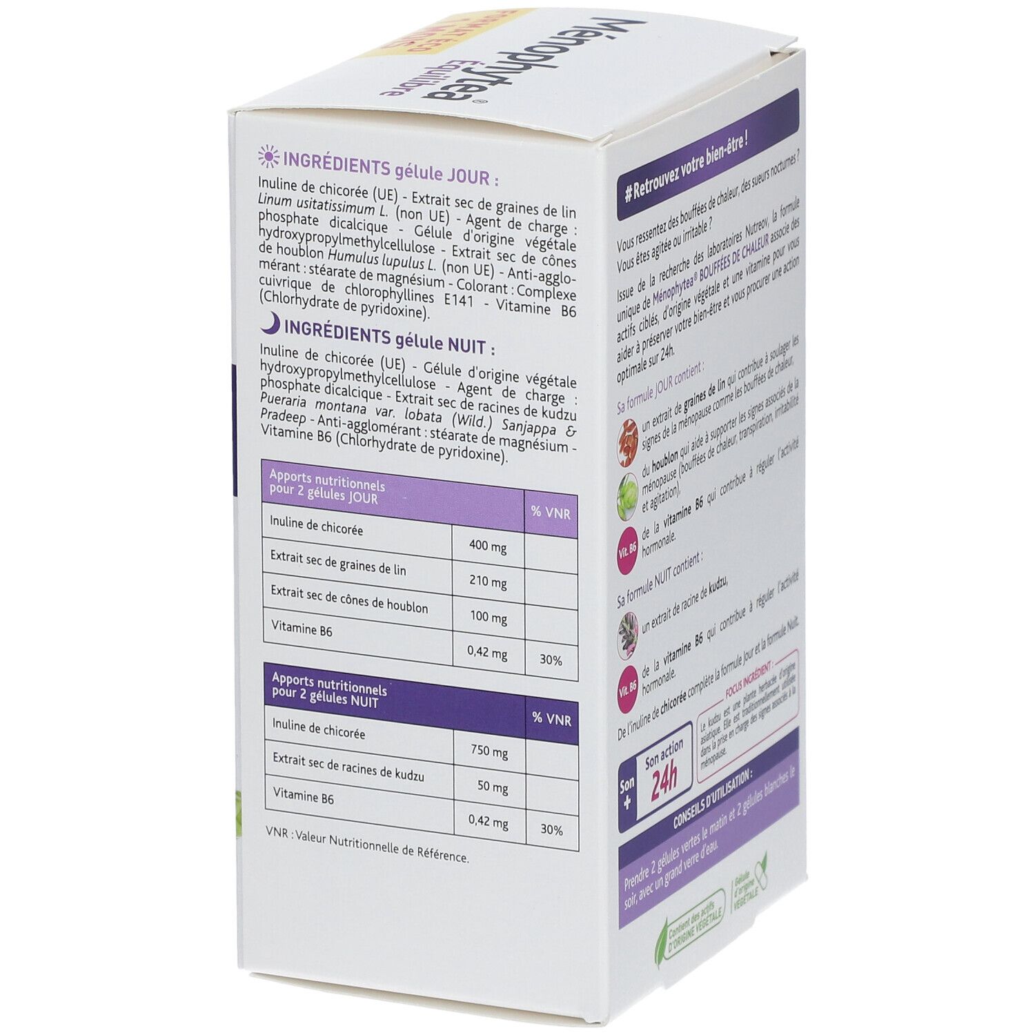 Dos de la boîte Menophytea Équilibre. Liste des ingrédients jour et nuit. Informations nutritionnelles.