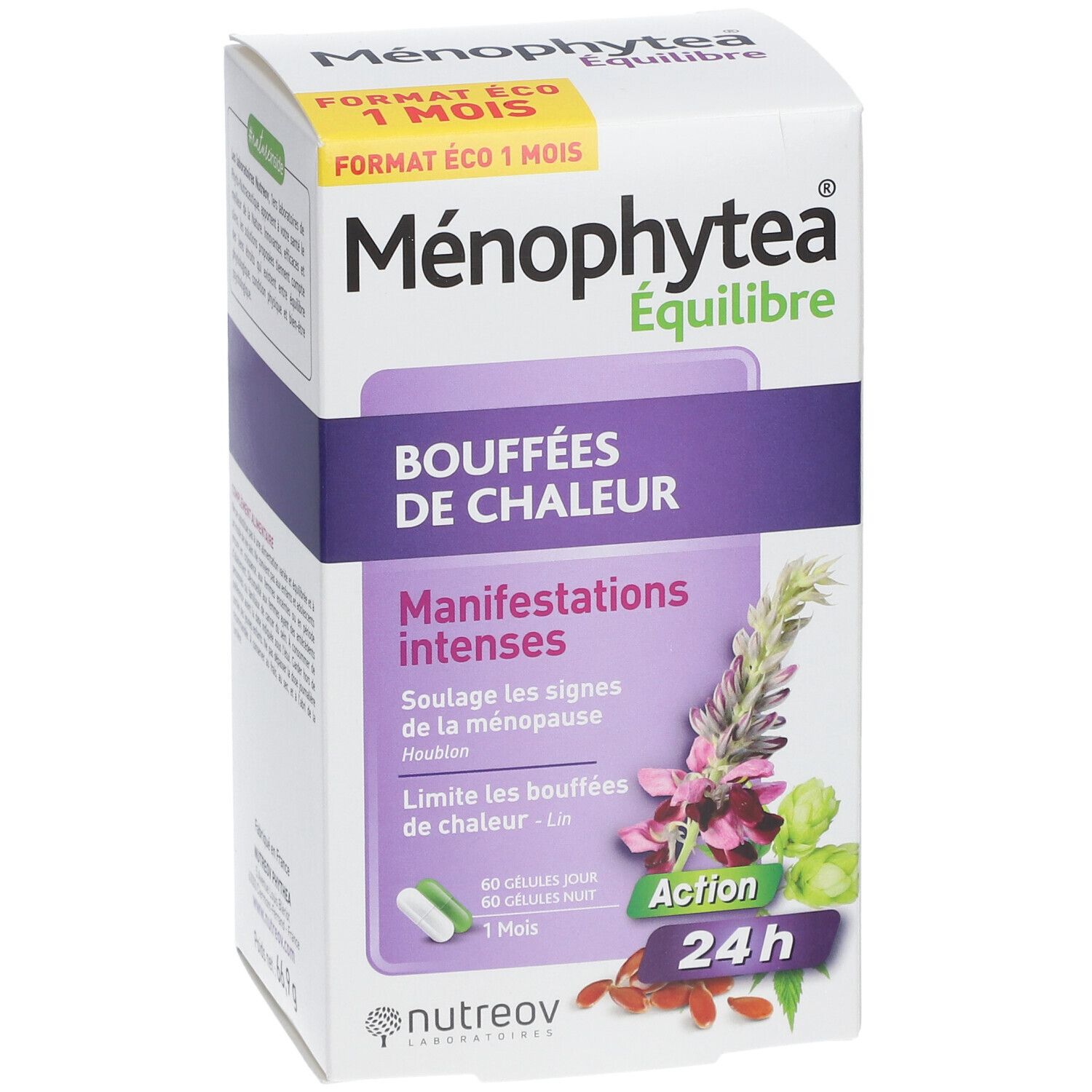 Boîte Menophytea Équilibre. Inscription: Bouffées de chaleur, Manifestations intenses. 60 gélules jour/nuit.