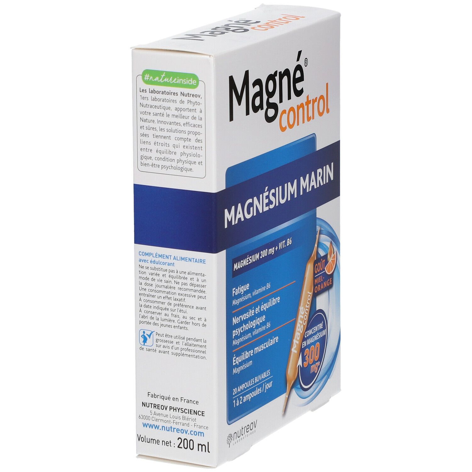 Schachtel mit Magne® control Marines Magnesium 300 mg. Enthält 20 Trinkampullen. Produktinformationen.
